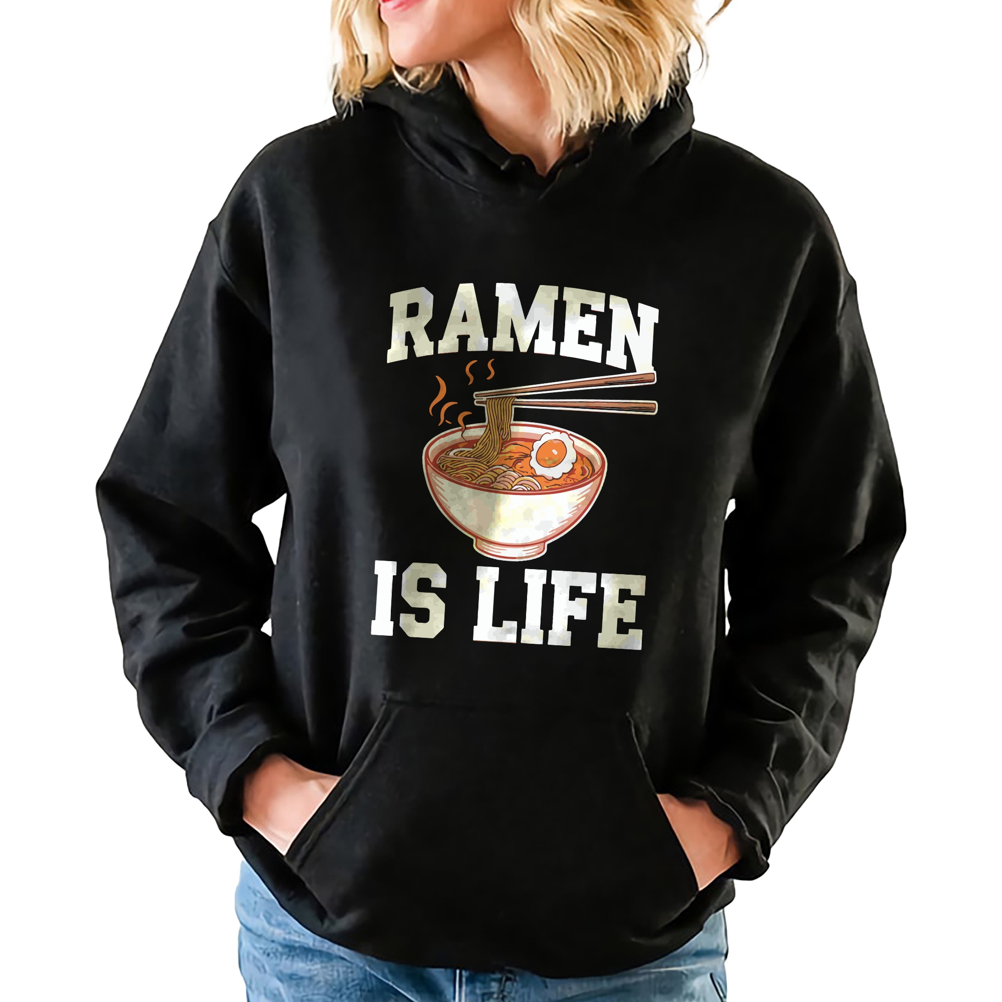 Mikina S Kapucí Černá Ramen Is Life Korea Japonsko Mix vzorů Velikost XXL