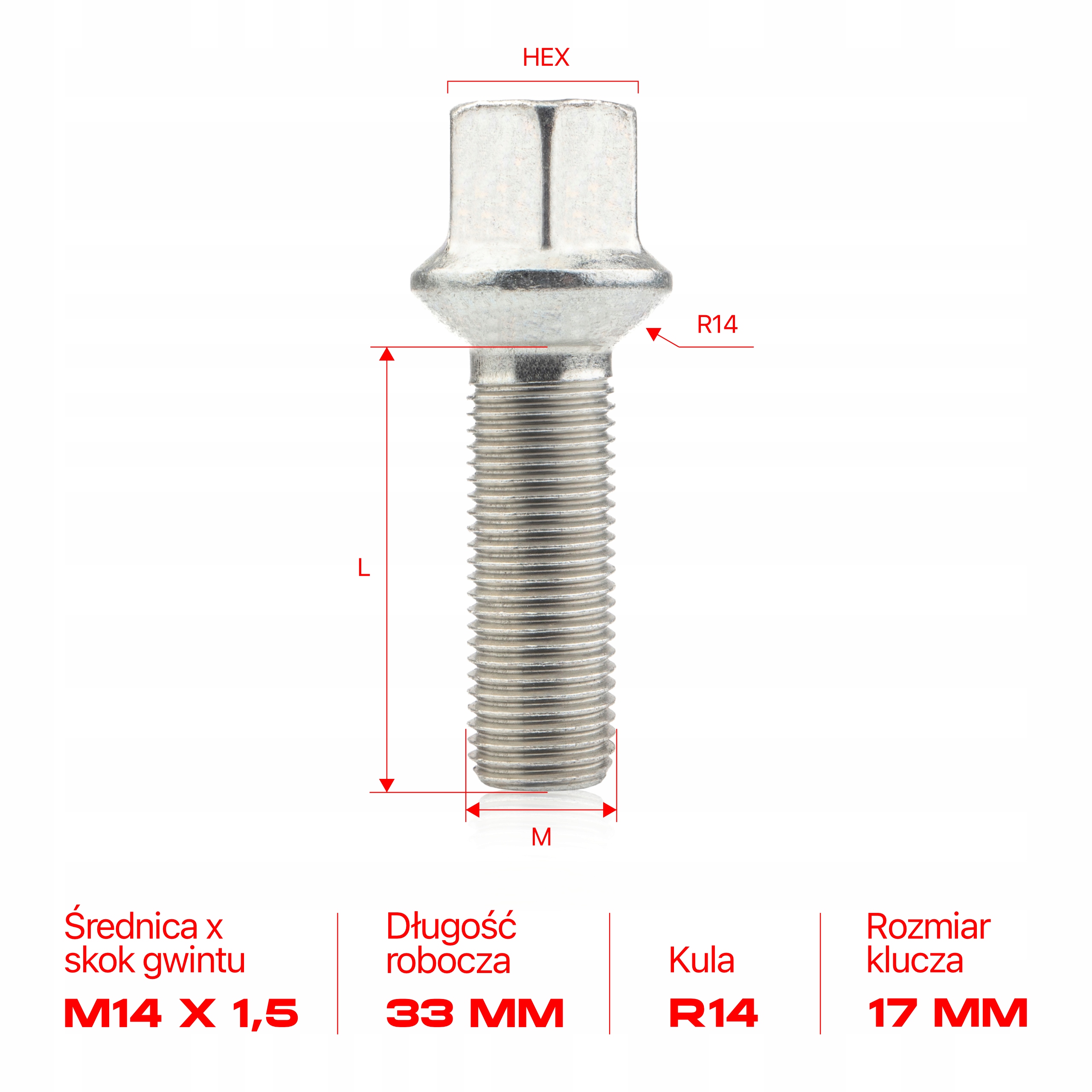 10 × DŁUGIE ŚRUBY GETMANN M14x1.5x33mm Kula R14 Klucz 17 Producent Getmann