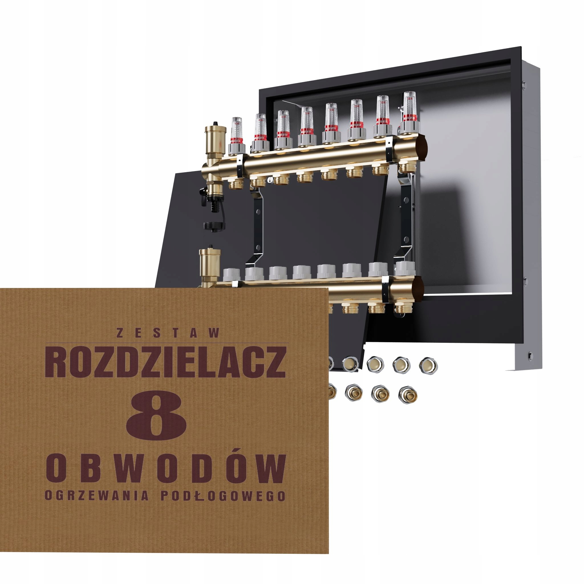 Mosazný rozdělovač pro podlahu, 8 okruhů černá skříňka Pex