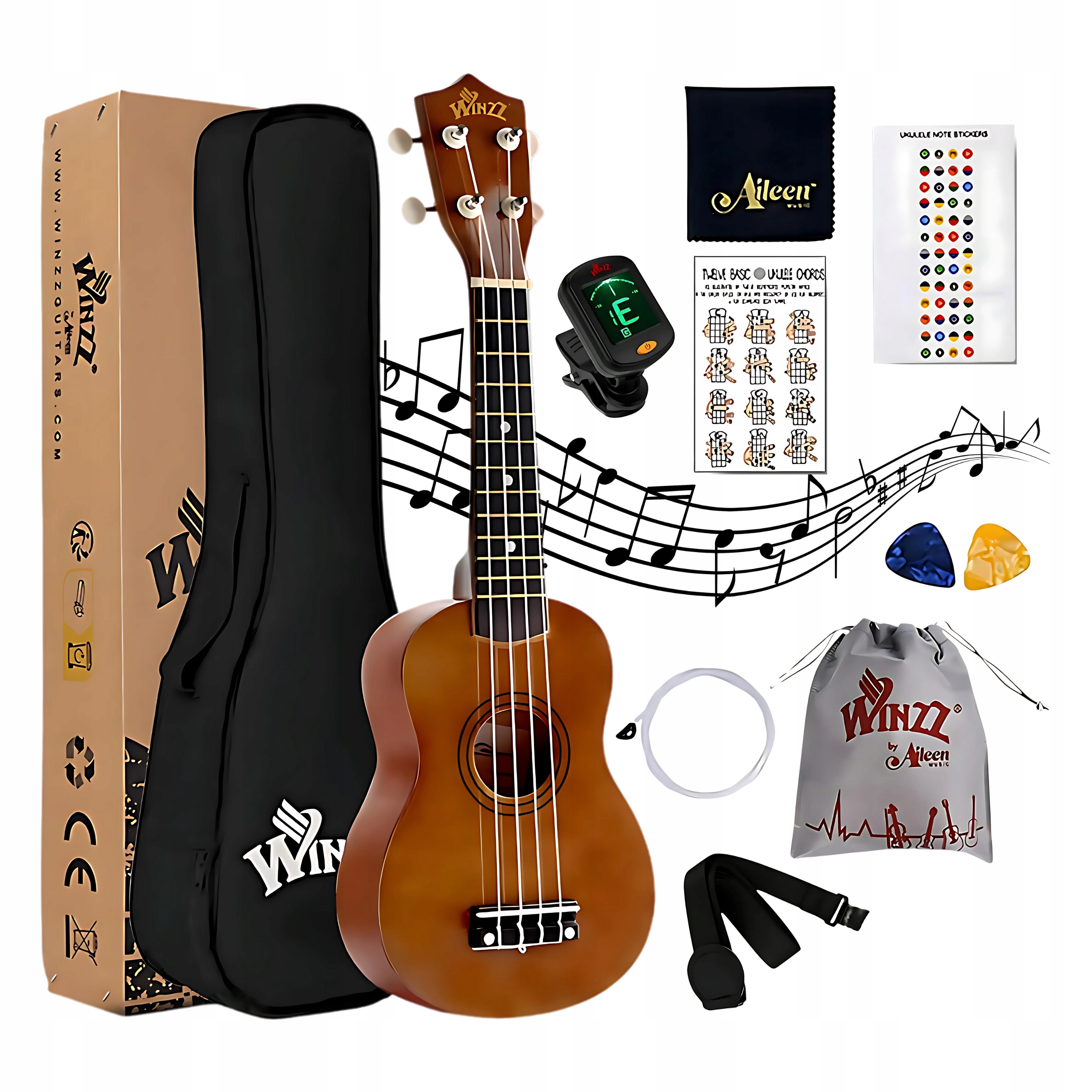 Ukulele pro začátečníky s obalem a tunerem, komplet Winzz, sopránové
