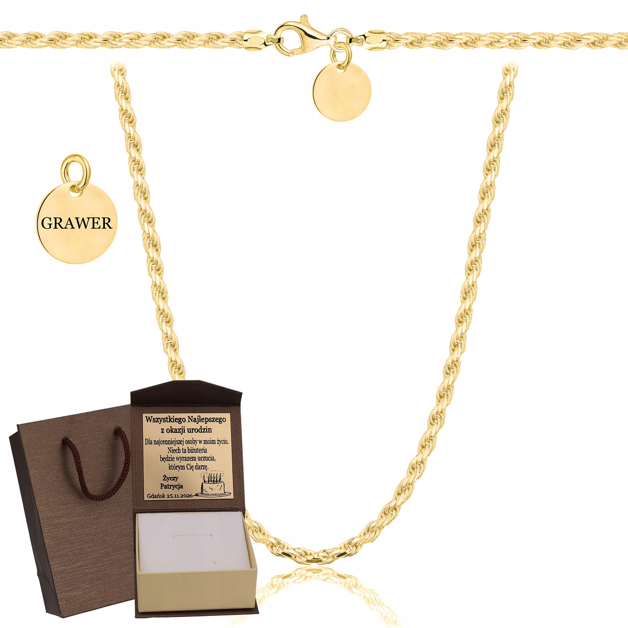Zlatý Plný Řetízek Pánský Kordel Ryzost 925 585 Pevný Gravírování Bonus
