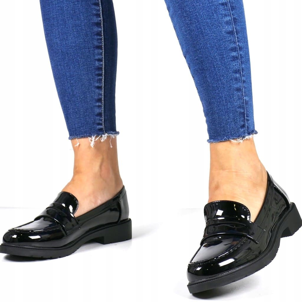 WYGODNE LOAFERSY DAMSKIE MOKASYNY NA GRUBEJ PODESZWIE BUTY PŁASKIE CZARNE Rozmiar 38