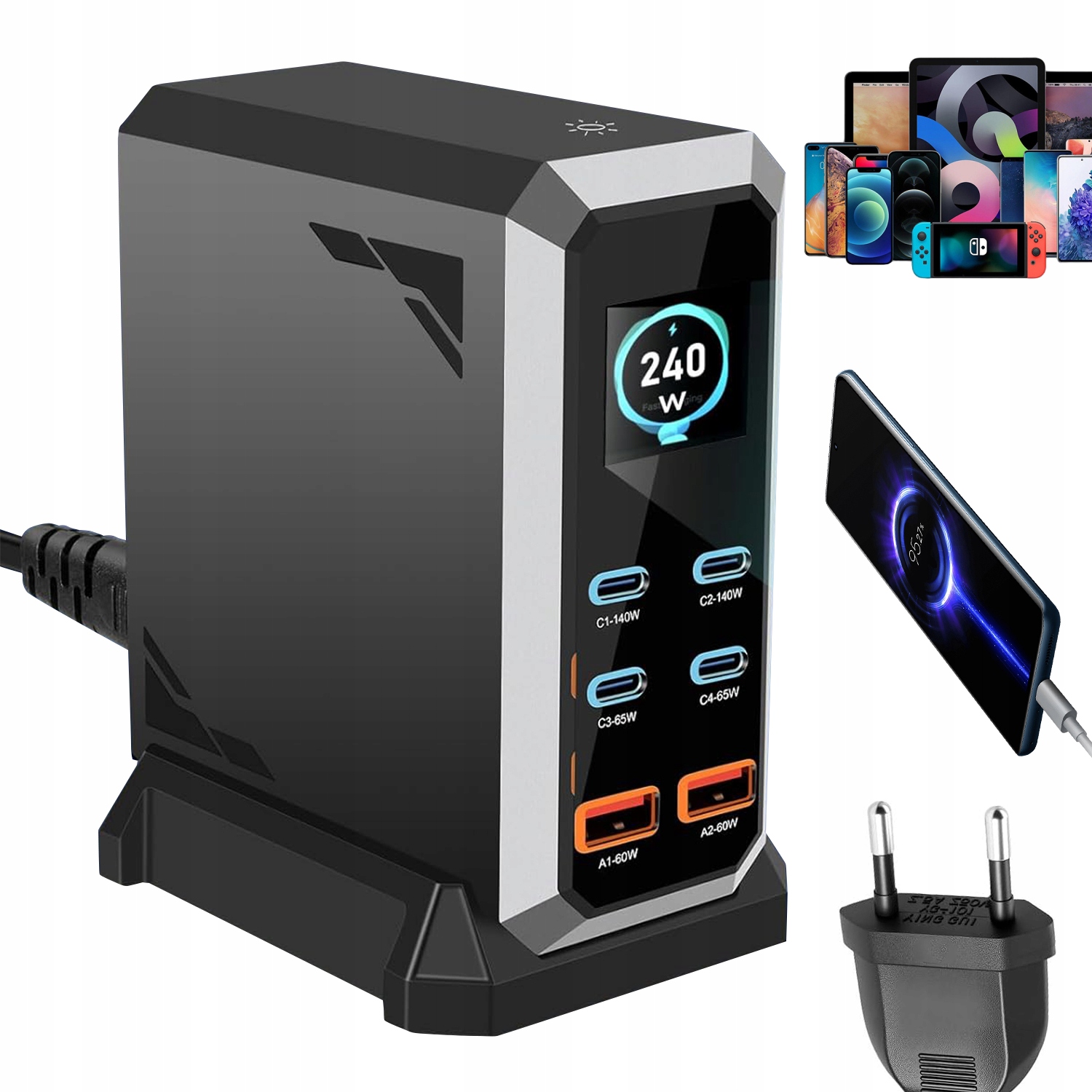Mocna Ładowarka 240W Do Telefonu Laptopa 6 Portów Usb Pd Qc