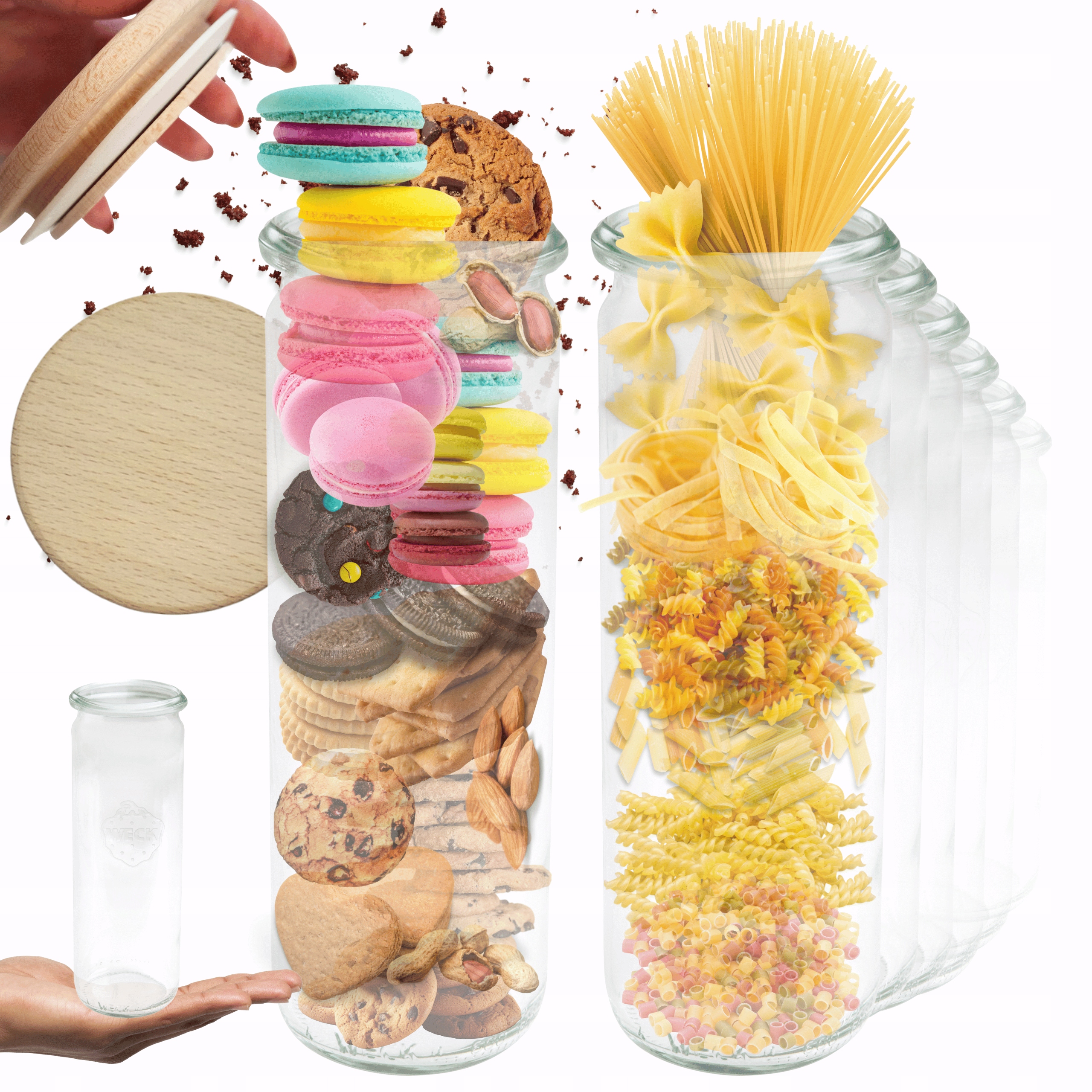 Sklenice Weck 600 ml zavařeniny Cylinder žáruvzdorné dřevěné víko 6 Ks
