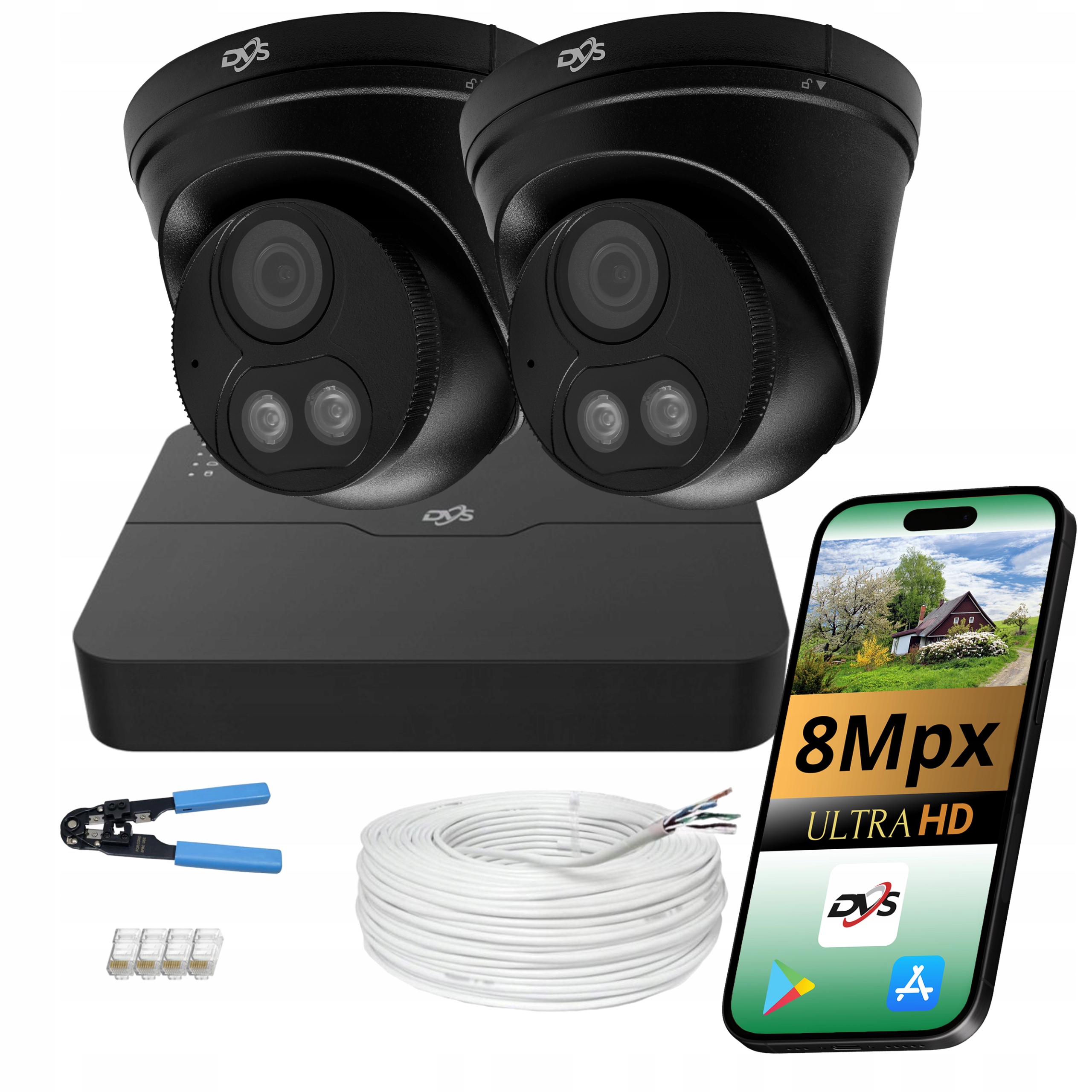 2x Kamera Dvs Sada Ip Poe Černá Venkovní Duální Monitoring Ie Led 8MPX