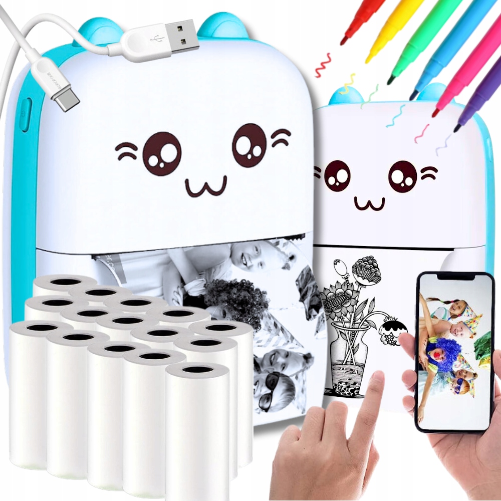 DRUKUŚ DRUKARKA TERMICZNA PRZENOŚNA MINI KOT DO ZDJĘĆ+ 16 SZT ROLEK PAPIERU