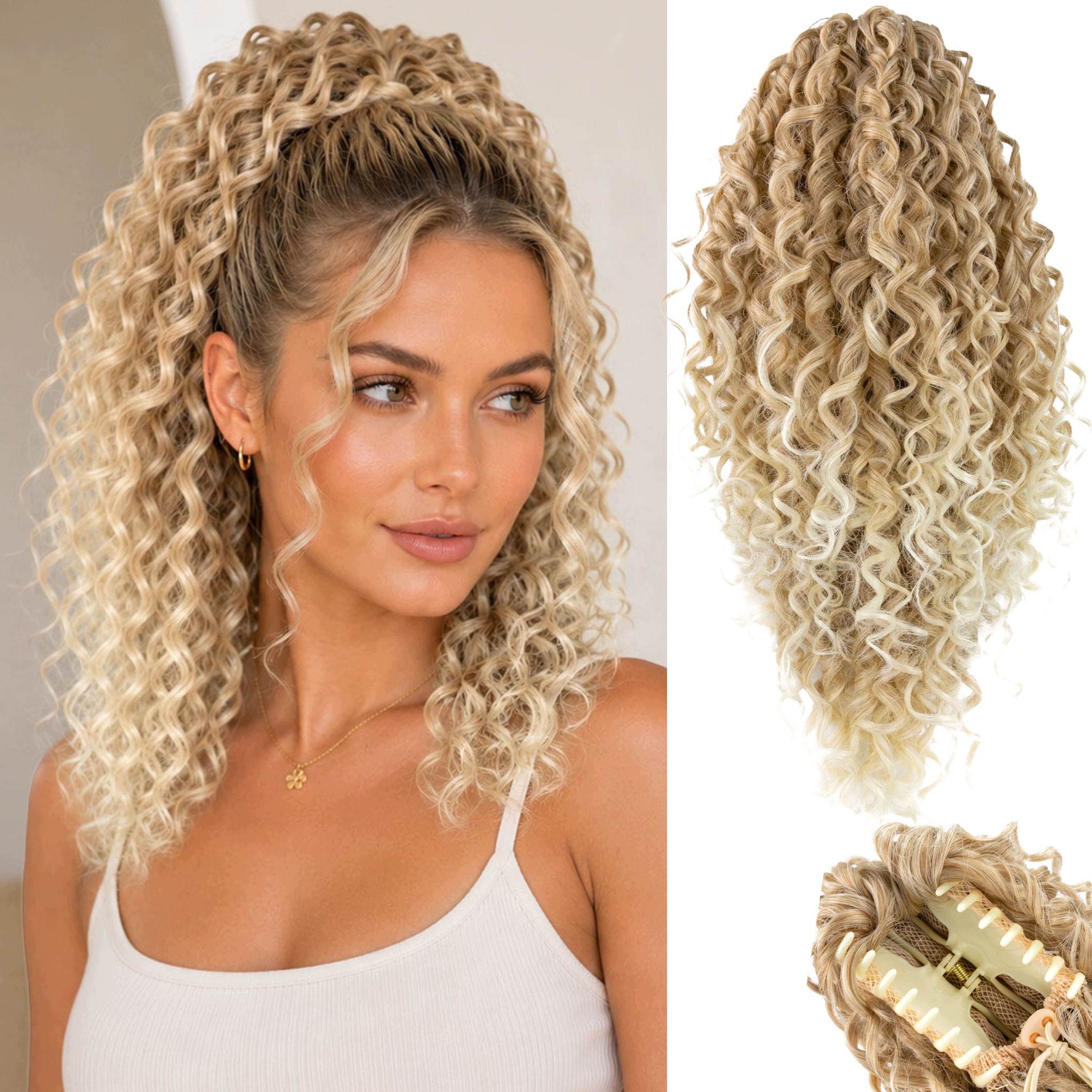 Koník na sponce sponky vlasy syntetické kadeře 40 cm Afro Krab blond ombre