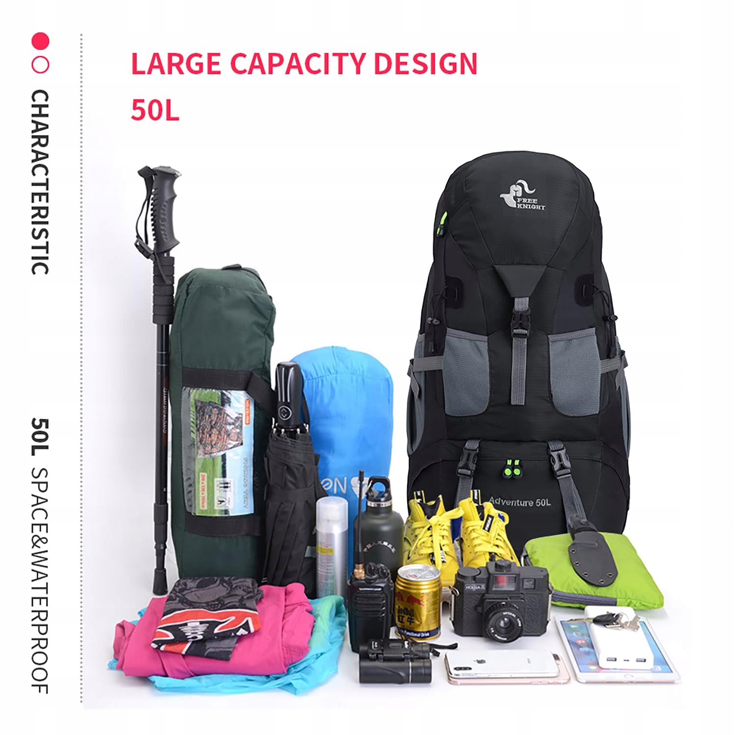 Bseash 50L Lekki Wodoodporny Plecak Turystyczny, Outdoor CZARNY — miniatura 9