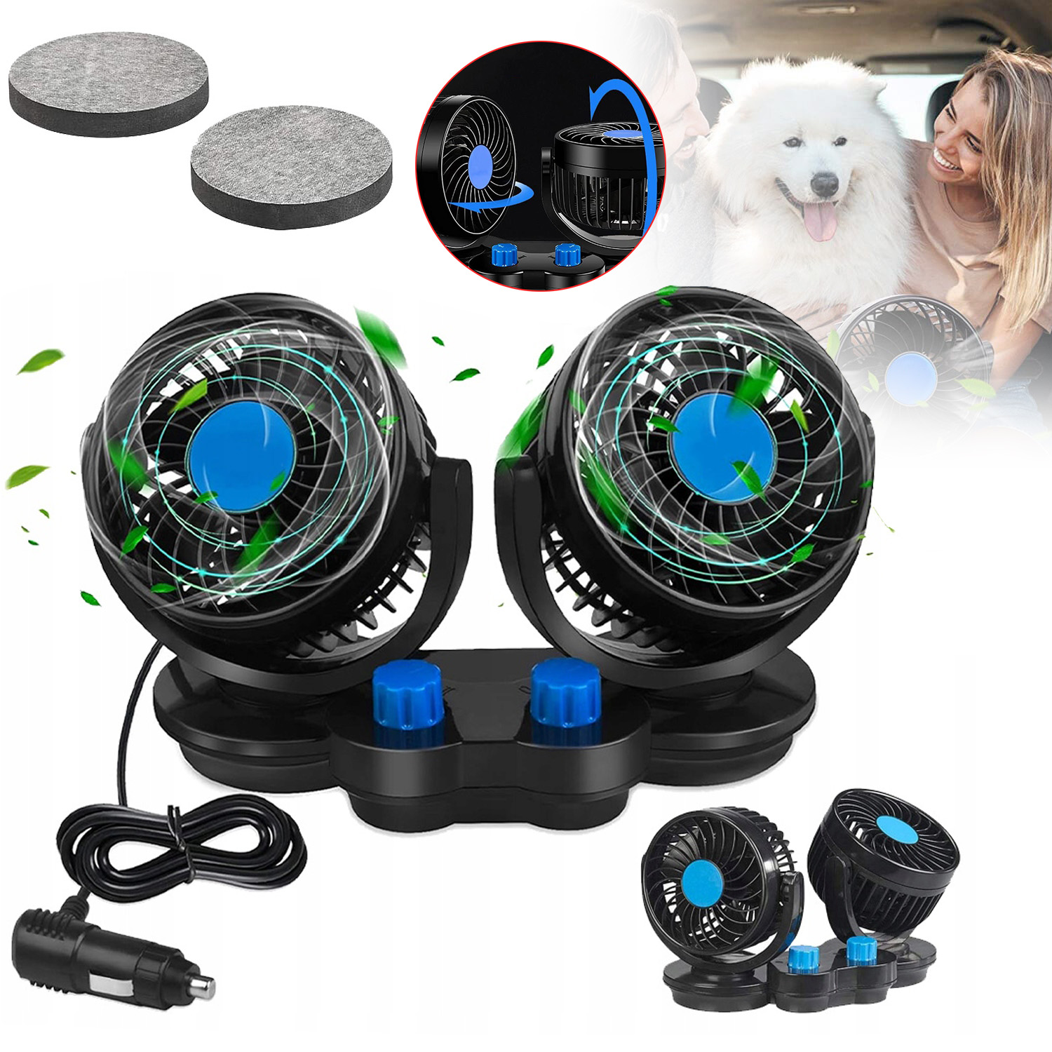 PODWÓJNY WENTYLATOR SAMOCHODOWY PRZENOŚNY KLIMATYZATOR REGULOWANY 360°