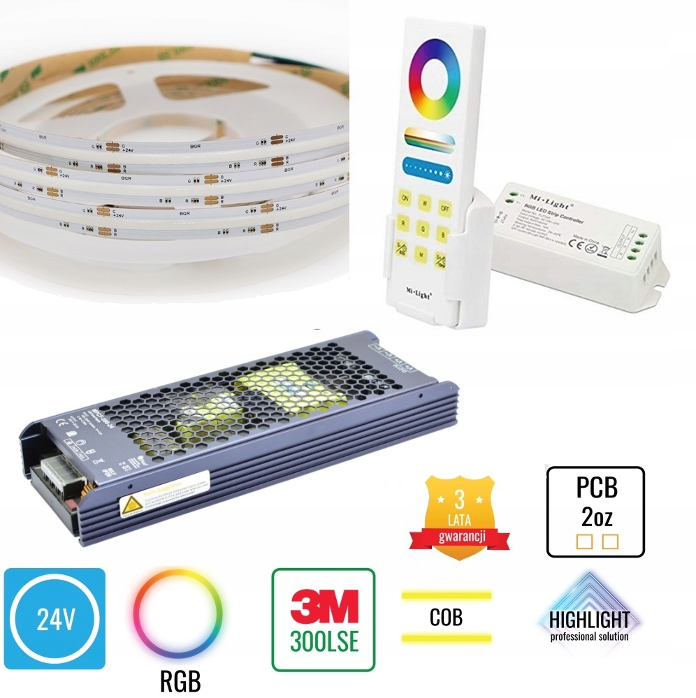 Zestaw 30m Taśma Led Cob 840 chips 15W 24V Rgb