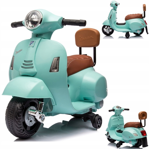Turkusowy Jeździk Vespa Skuter Elektryczny 6V Led Oparcie 18m Scooter