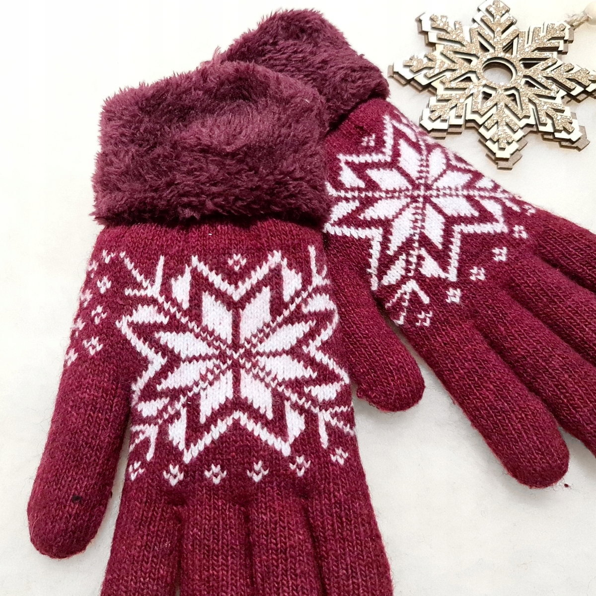 CIEPŁE RĘKAWICZKI zimowe GRUBE WEŁNIANE ŚNIEŻYNKA Wzór dominujący bez wzoru