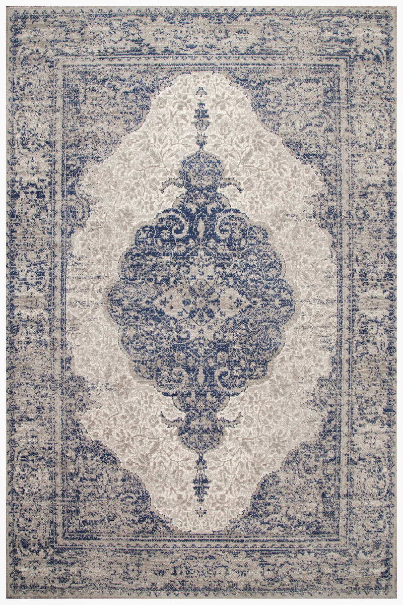 160x240 cm Dywan Z Wełny Ornament Niebieski Szary