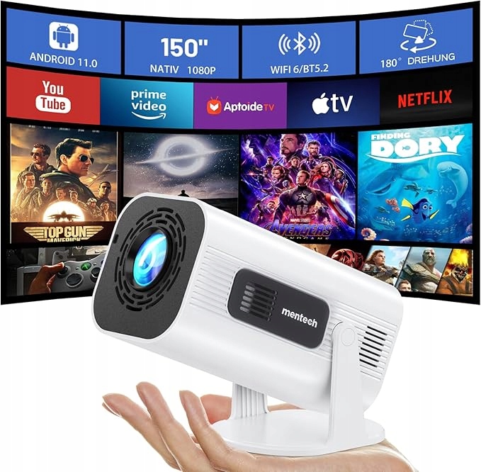 Mini projektor Mentech 4K Full Hd WiFi6 BT5.2 Android 11 180° 150"
