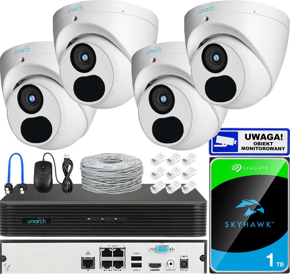 Zestaw Monitoringu IP 4x Kamera 8Mpx PoE Rejestrator 1TB Detekcja Aplikacja