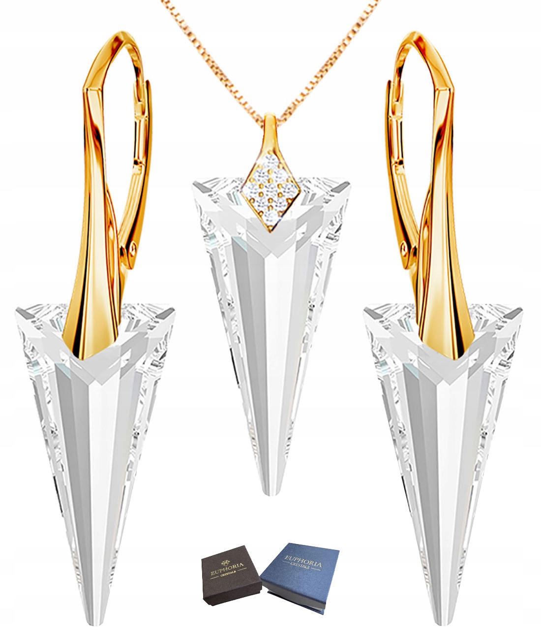 Zlatá Sada Visací Náušnice Špice s Křišťál, Zirkon a Pozlaceným Stříbro – Ideální jako Dárek