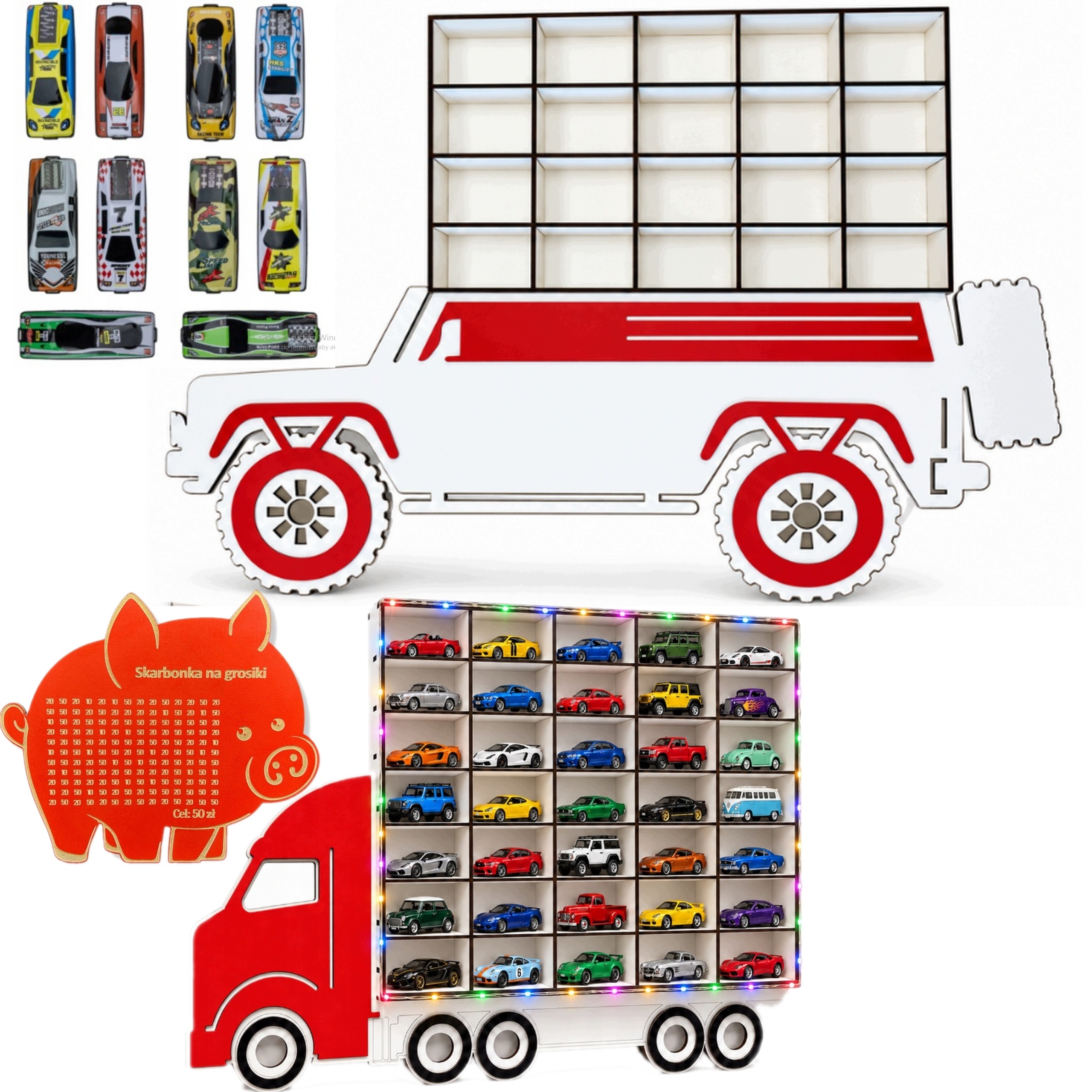 Organizer na resoraki Autka Auto Terenowka+Ciężarówka Led +10 AUT+skarbonka