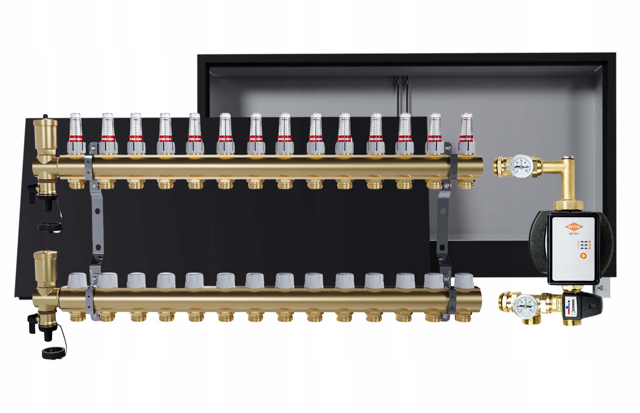 Rozdělovač pro podlahu 14 okruhů se skupinou Wita podomítková skříňka