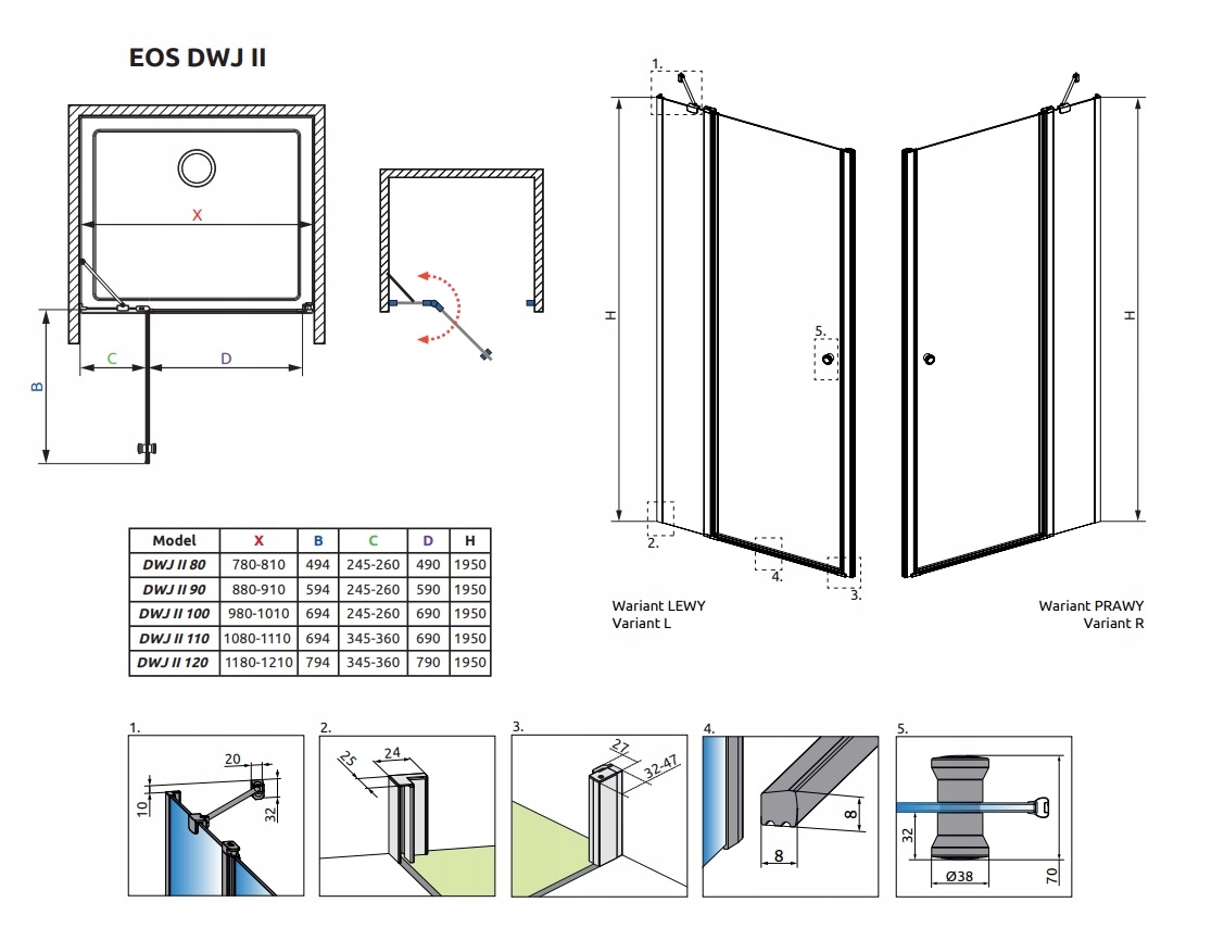 Drzwi prysznicowe RADAWAY Eos DWJ II 100x195 PRAWE Rodzaj drzwi do wnęki