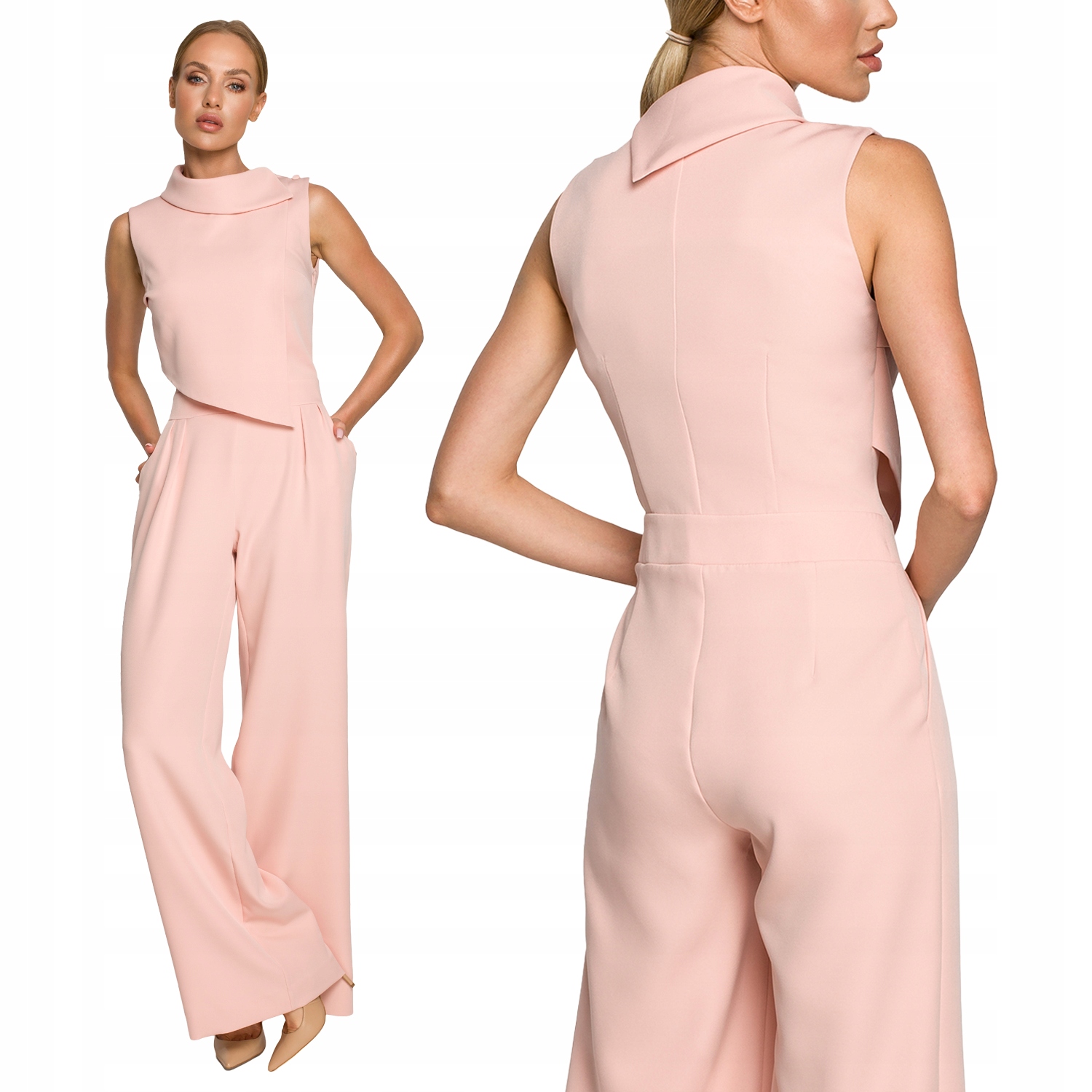 DAMSKI KOMBINEZON KOBIECY ELEGANCKI BEZ RĘKAWÓW LUŹNY GŁADKI PUDROWY 40 L