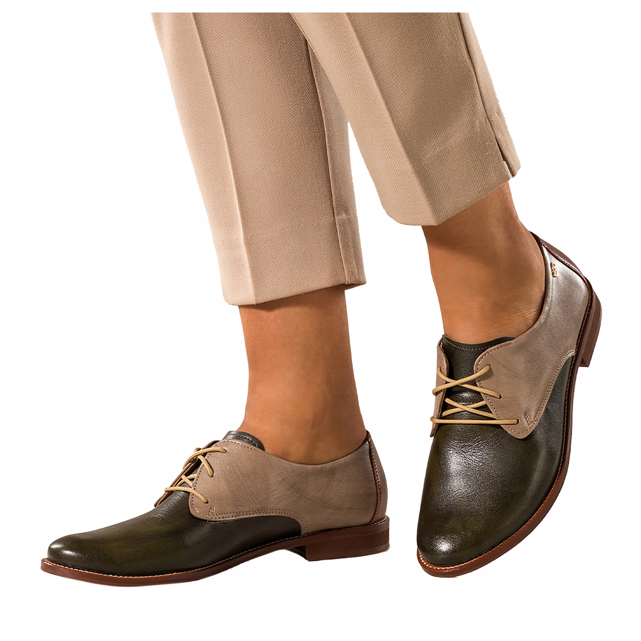 Dámské Polobotky Zelené Kožené Pohodlné Šněrovací Zlatá Ozdoba Módní vel. 40