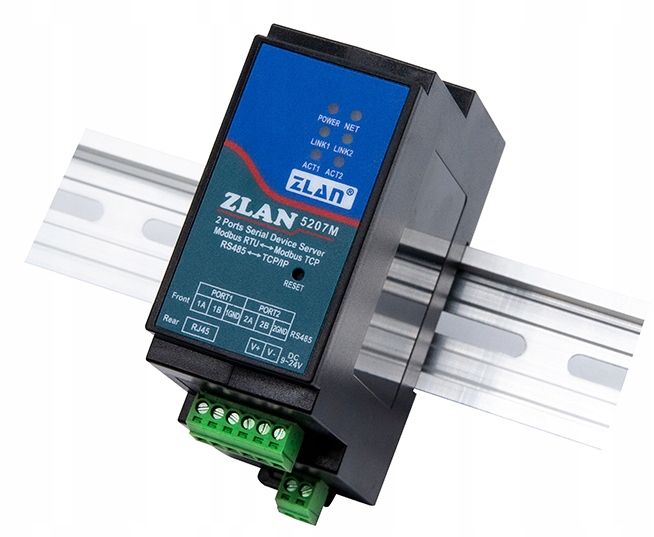 ZLAN5207M konwerter RS485 na Ethernet Mqtt Modbus na szynę Din 2 portowy