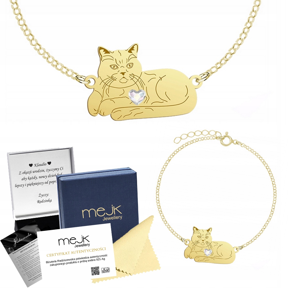 Zlatý náramek Britská kočka krátkosrstá 925 Řetízek Šperky Gravírování
