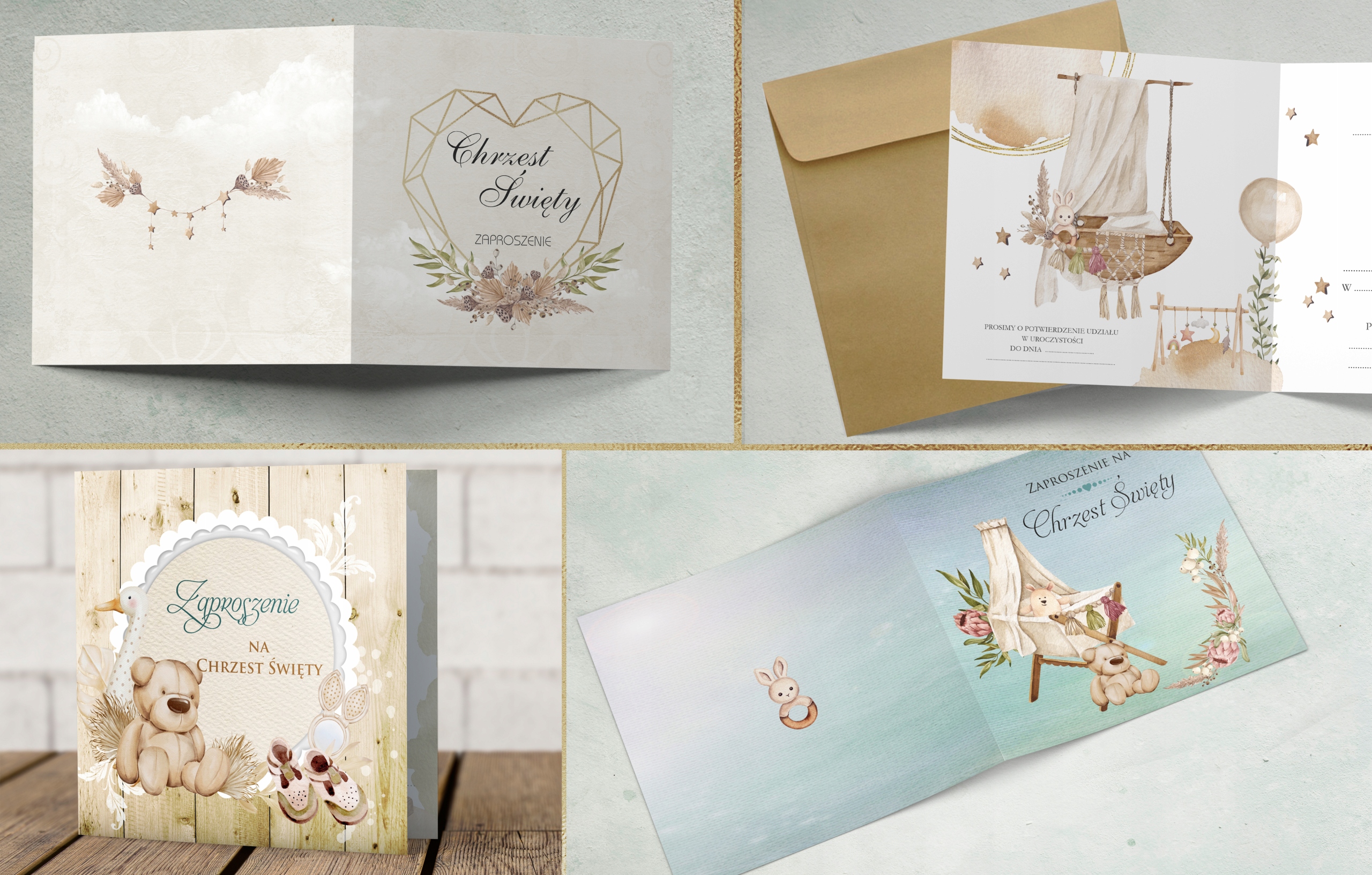 ZAPROSZENIA na chrzest z kopertą PAPIER PERŁOWY Kształt kwadratowy