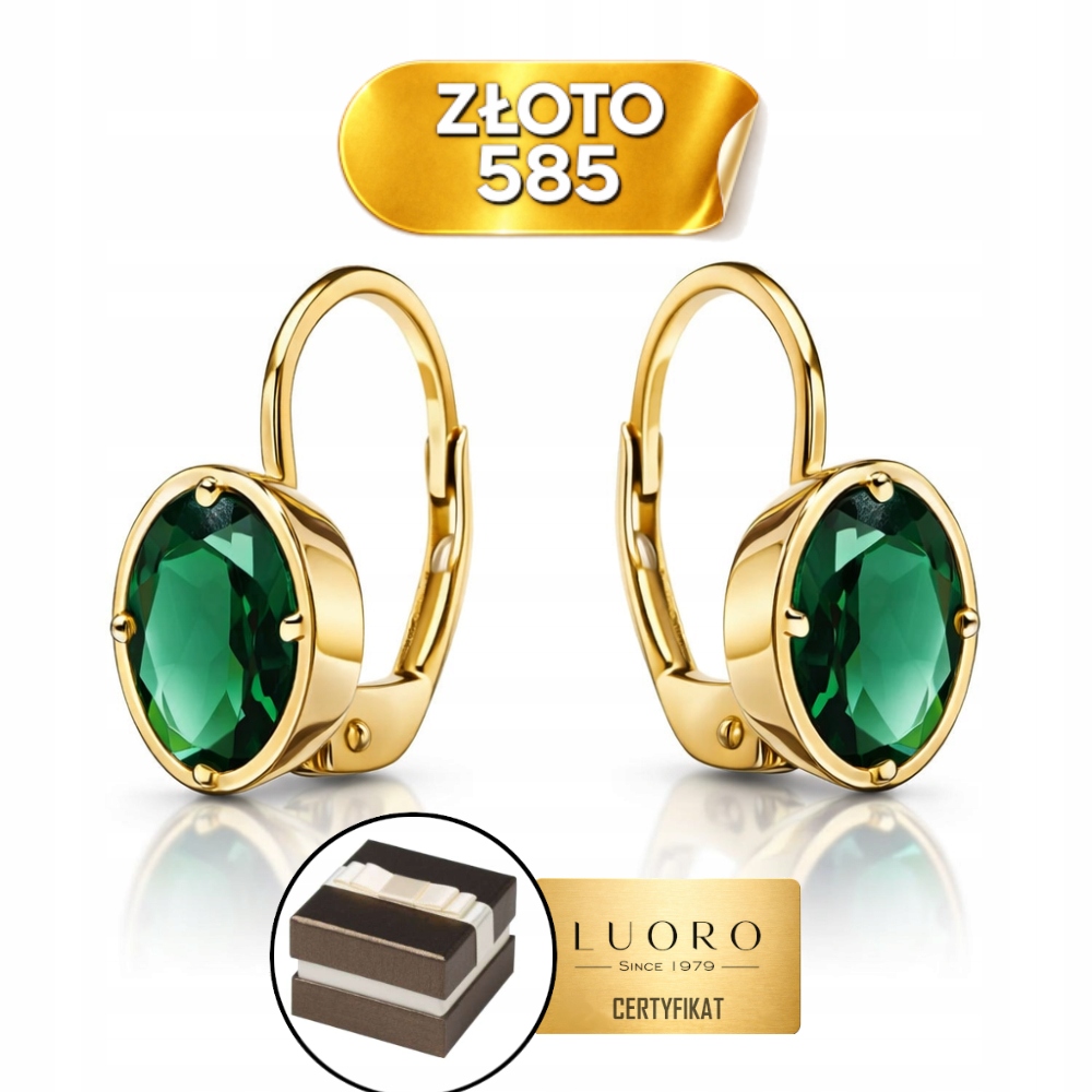 Náušnice Zlaté 585 14K Zelený Křemen Ovál Anglické Zapínání 15 MM