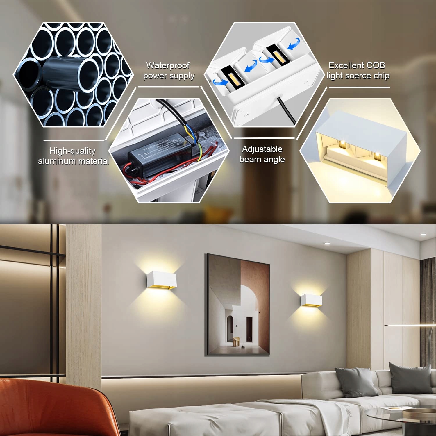 KINGWEN 20W LED Lampy Ścienne Wewnętrzne Zewnętrzne 4 Sztuki 3000K — miniatura 5