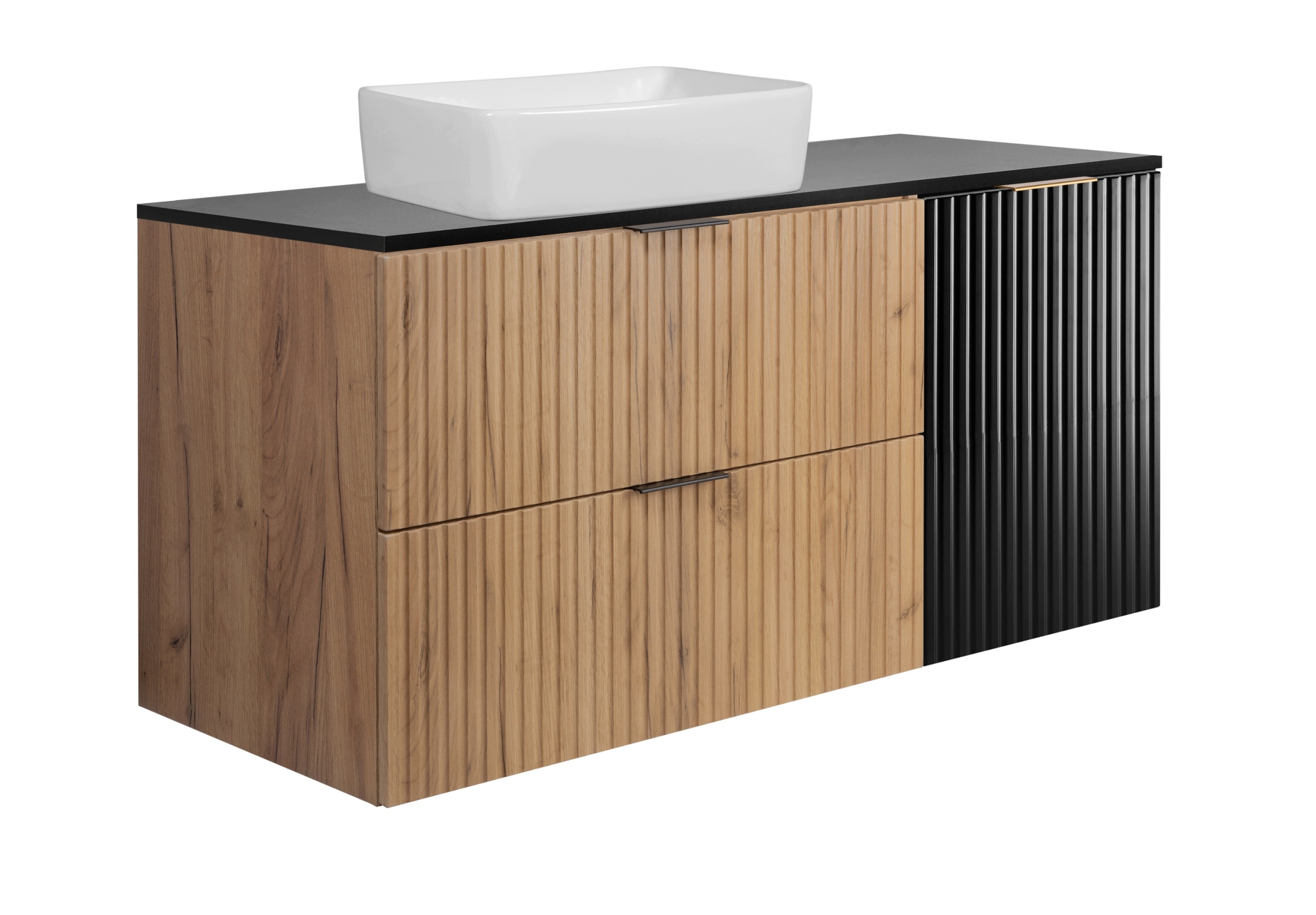 Szafka łazienkowa Umywalka 100 Dąb Craft Czarny Ryfle Front Blat Czarny Mdf