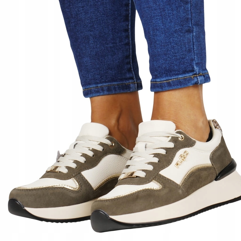 Bílé Khaki Dámské Tenisky Z Kůže Na Silné Platformě Podrážky