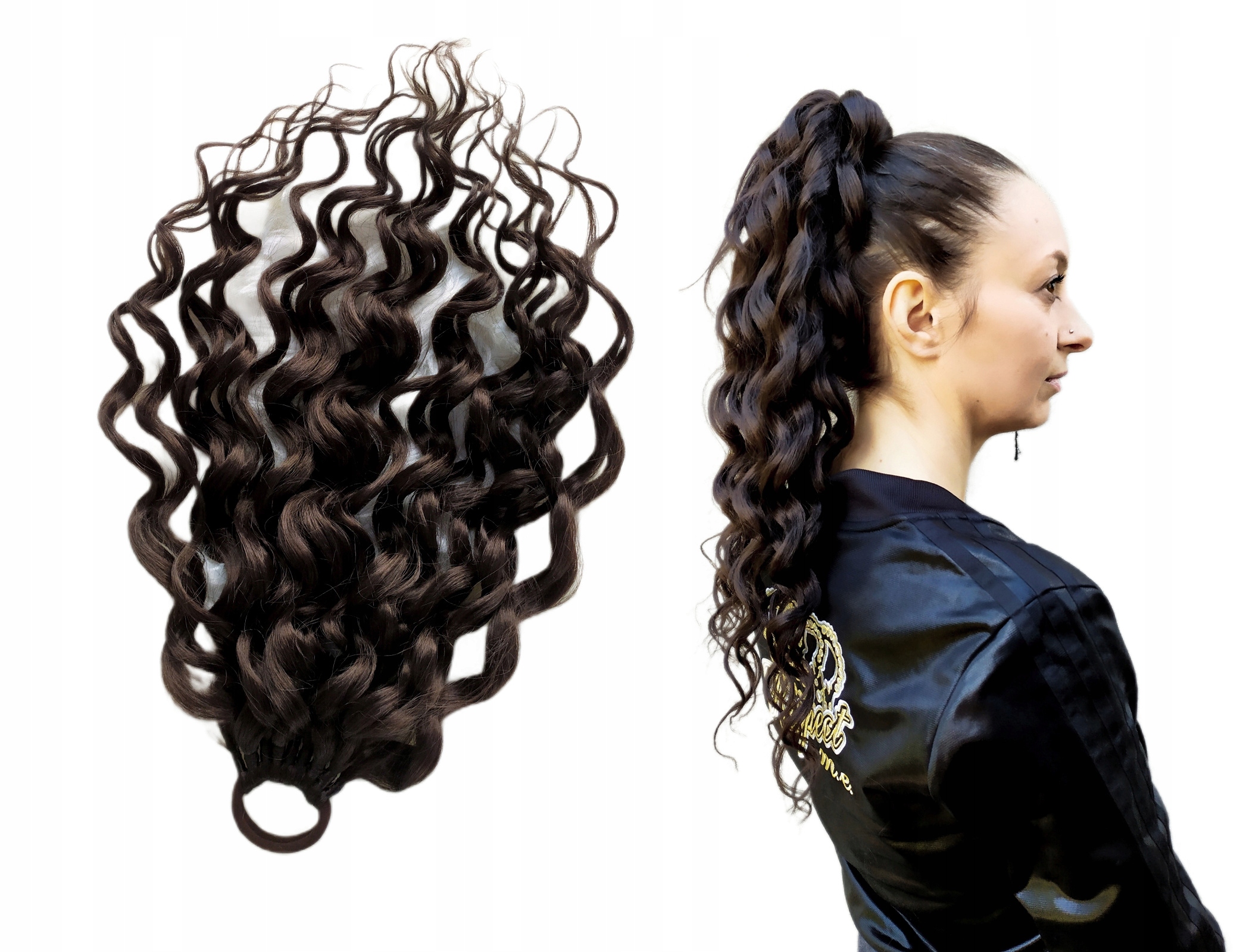 Poník připínací na gumičku, Příčesek kudrlinky, hnědý, Zakřivená Bruneta, 50 cm