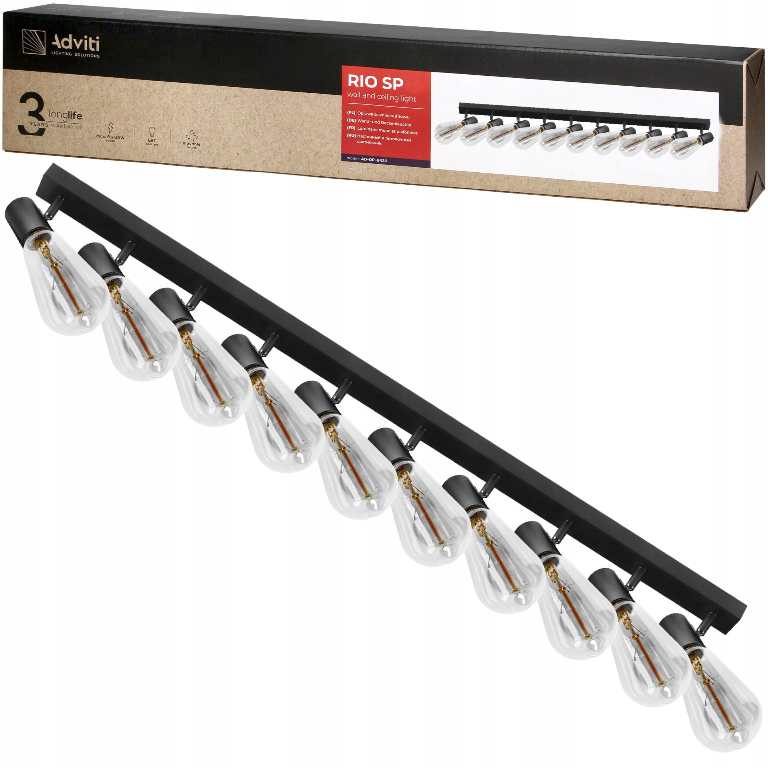 Lampa Ścienna Sufitowa Kinkiet Led 10x E27 Szyna Listwa Regulowana Ruchoma