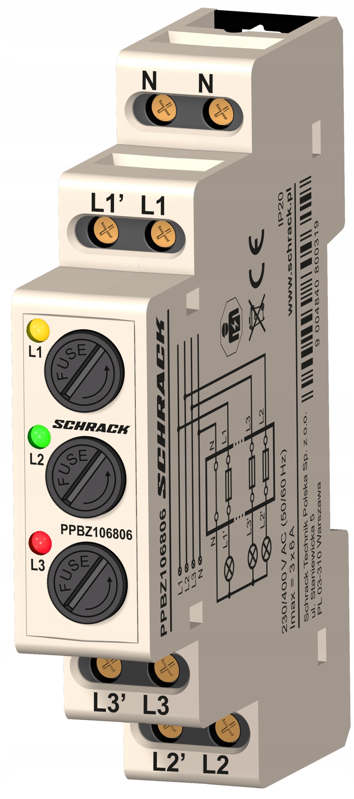Schrack PPBZ106806 Wskaźnik napięcia Led 3-faz z bezpiecznikiem, kolorowy