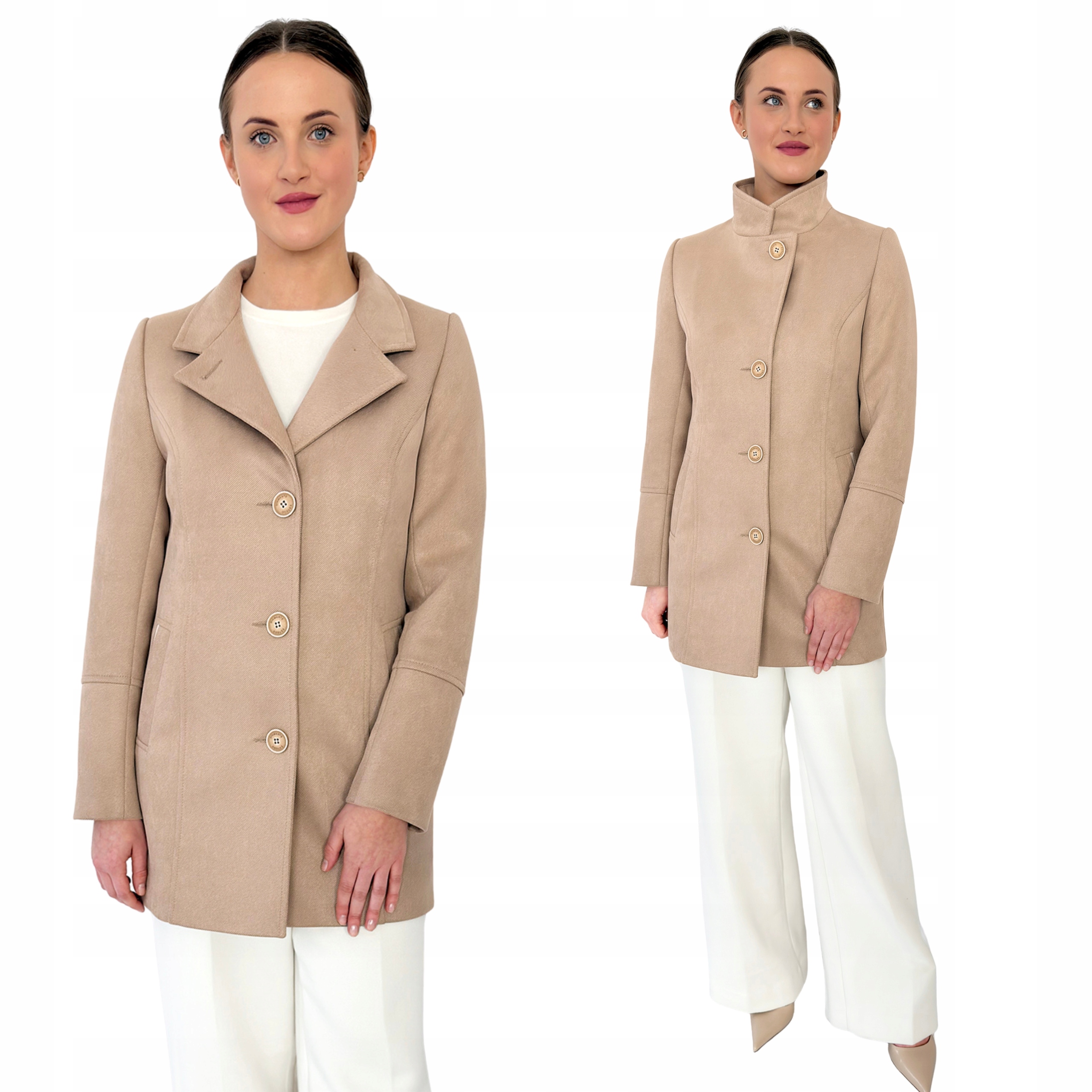 Dámský lehký, elegantní jarní kabát se stojáčkem na knoflíky Nina béžový Estodo