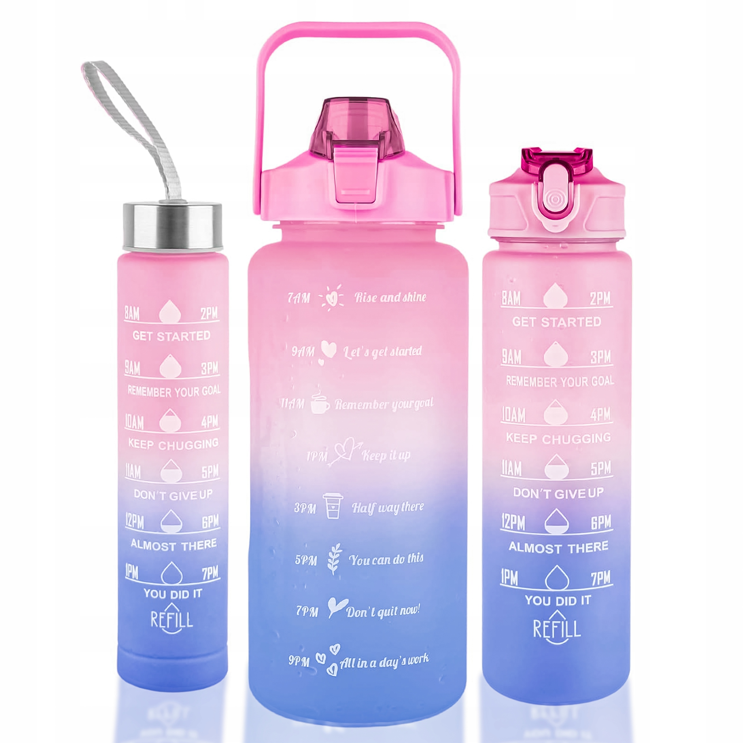 Zestaw 3 Szt Bidon Sportowy Ze Słomką Na Wode Gradient 2L, 750ml, 250ml