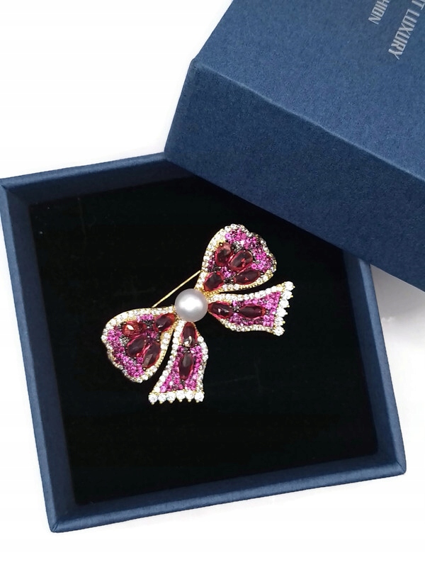 Luxusní Brož Zlatá Mašle Růžová Krabička Jako Dárek