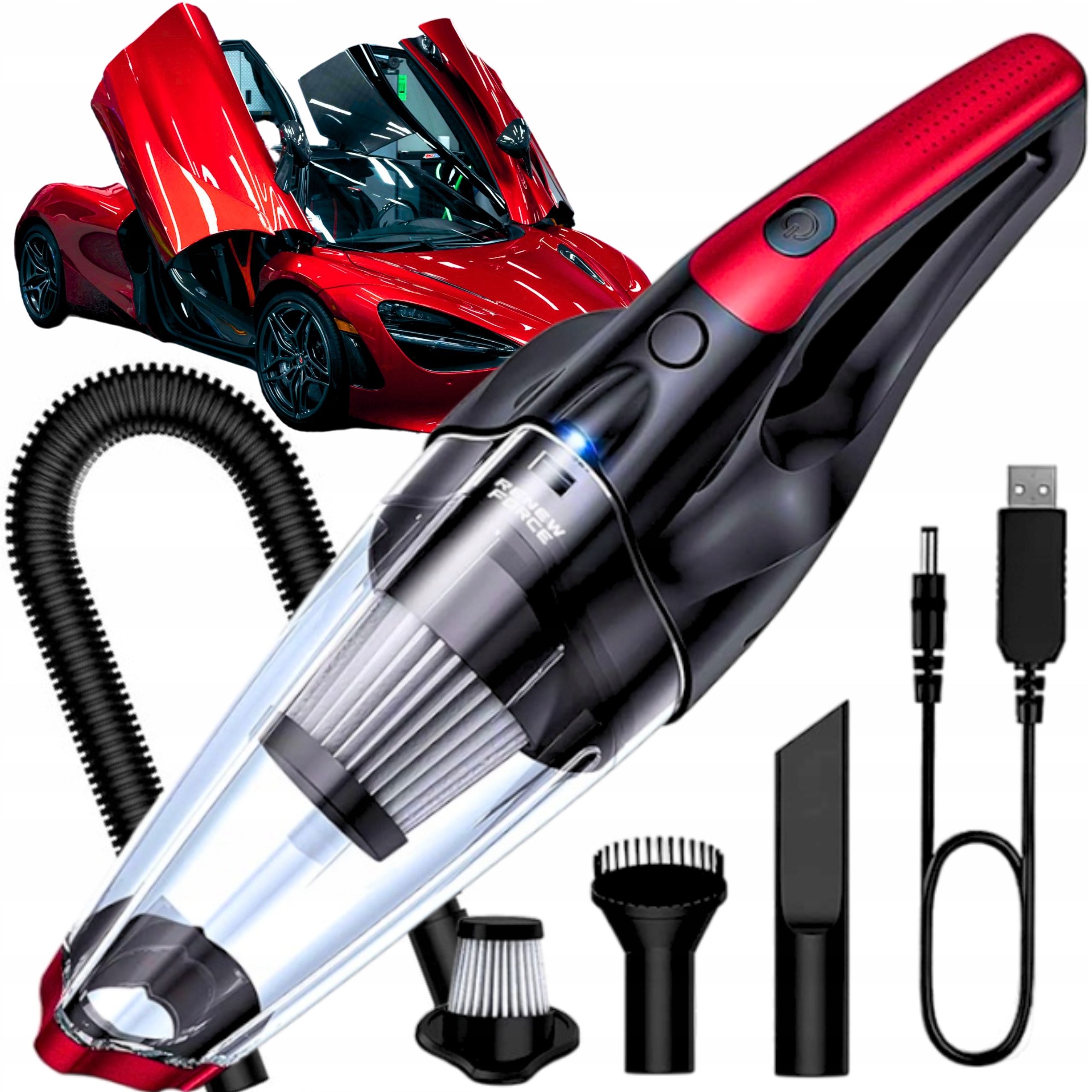 POTĘŻNY ODKURZACZ CYKLONOWY SAMOCHODOWY BEZPRZEWODOWY 150W ZESTAW TURBO XXL