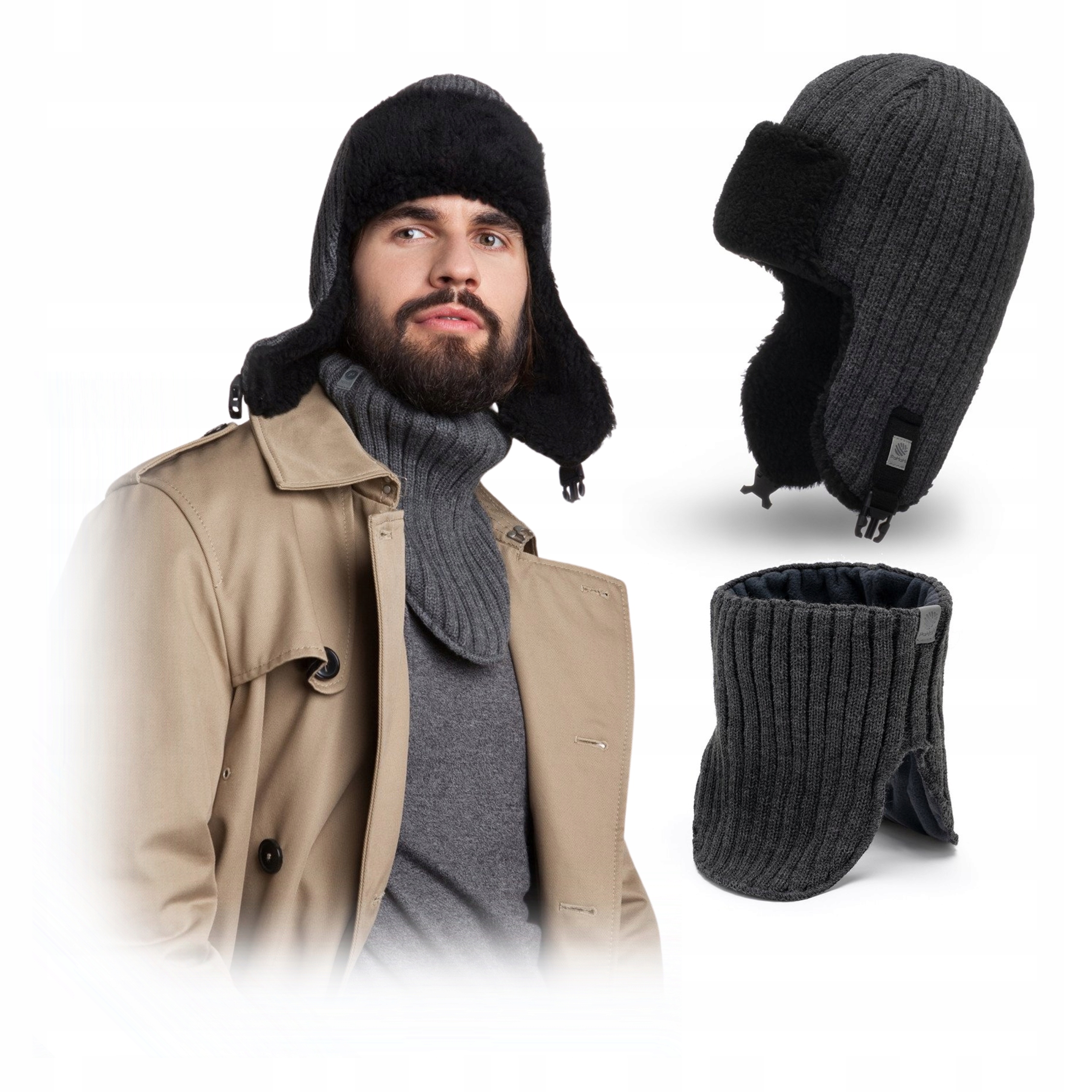 Pánský zimní komplet Grafitový šátek s komínem Zateplený set