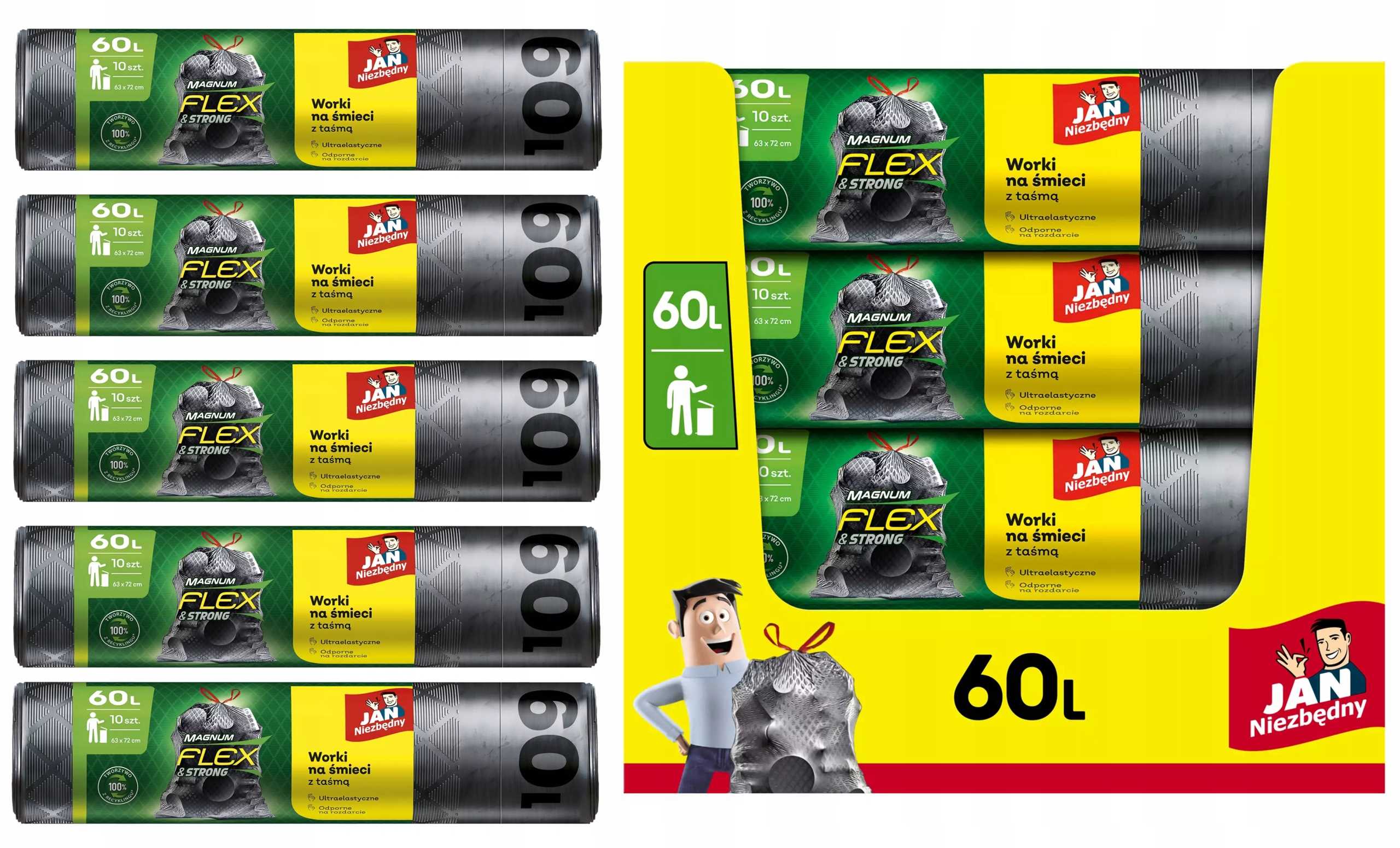 Levně Pytle Na Odpadky Jan Niezbędny Magnum Flex Páska 60L 10 Kusů Sada 5 Op