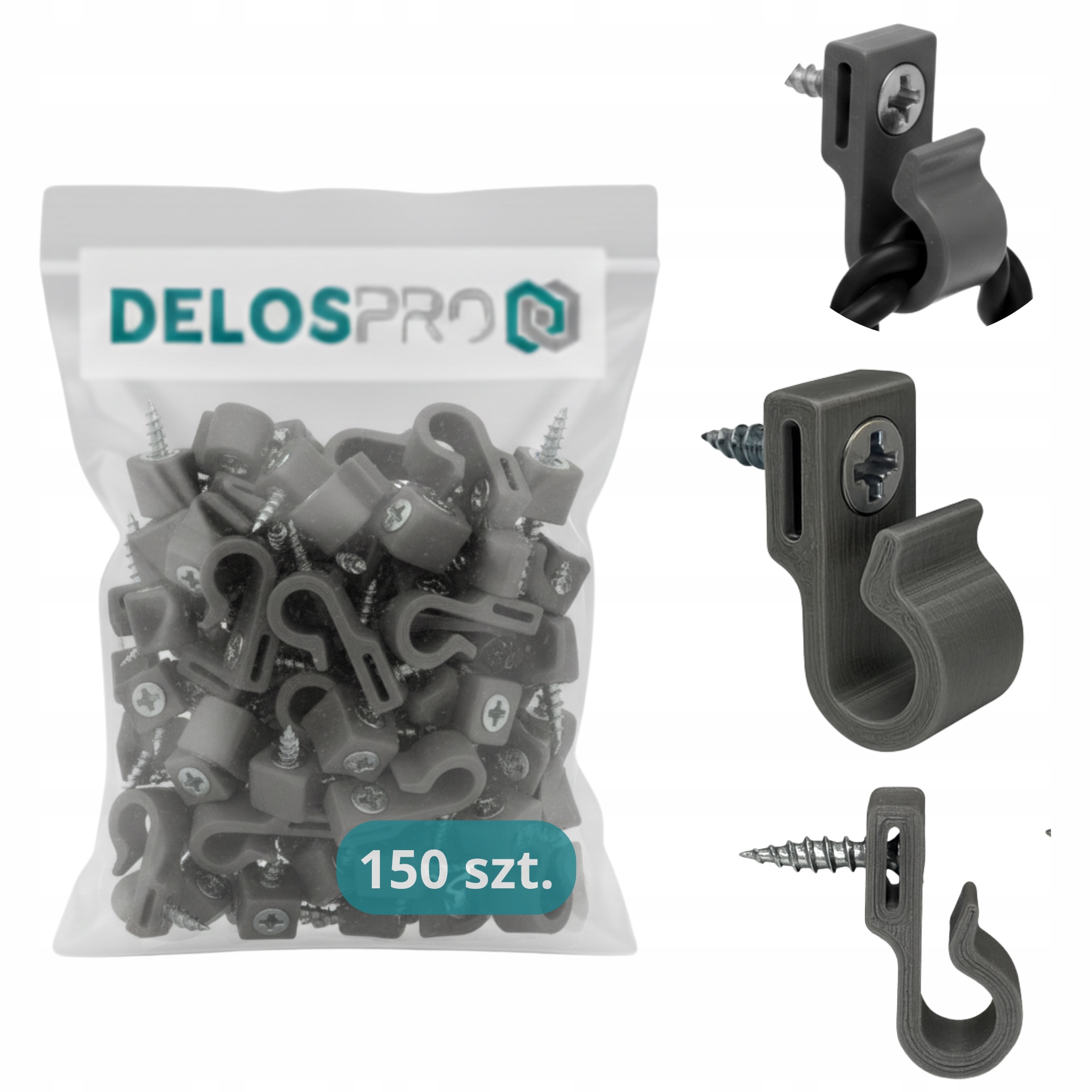Univerzální háčky na přišroubování k světýlkům, dekorace šedé 150 ks