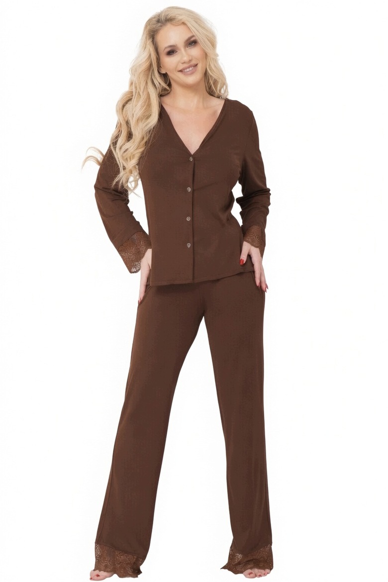 Viskózové pyžamo s krajkou a knoflíky Komplet Hnědý Penang Bronz 2XL XXL