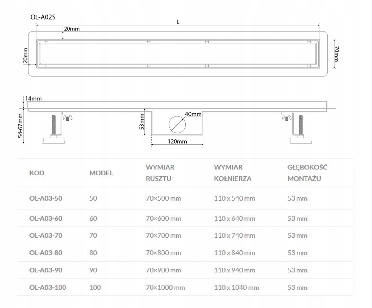 Odpływ liniowy 80 cm Linie Głębokość 53 mm
