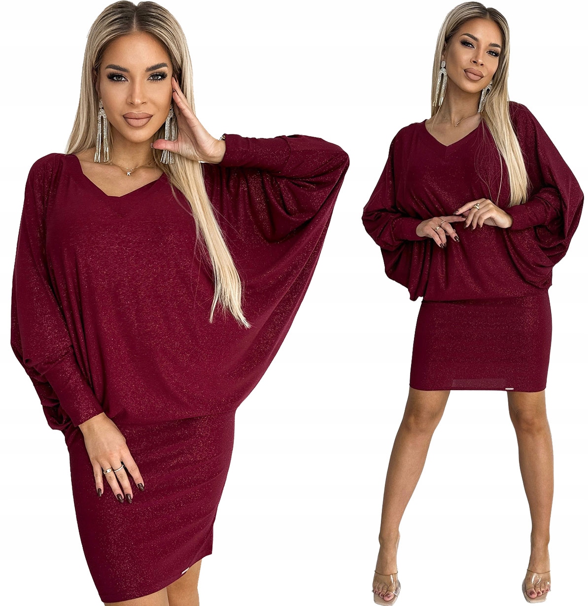 Módní Šaty Netopýr Z Elastického Materiálu Bordó Se Třpytkami L/XL