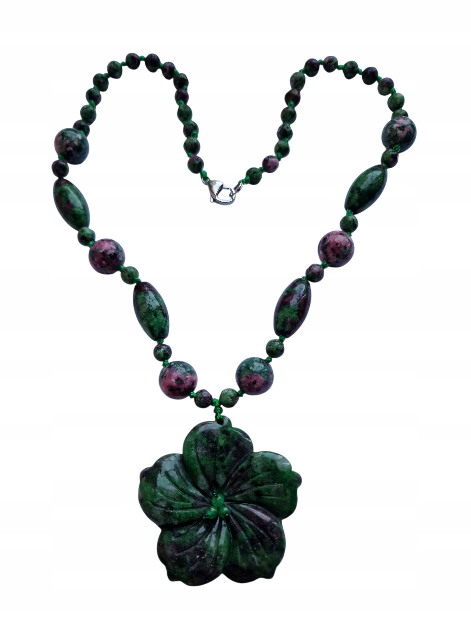 Zoisyt Přírodní Rubín Náhrdelník Lotosový Květ Kámen Hojnosti Dobrá Aura