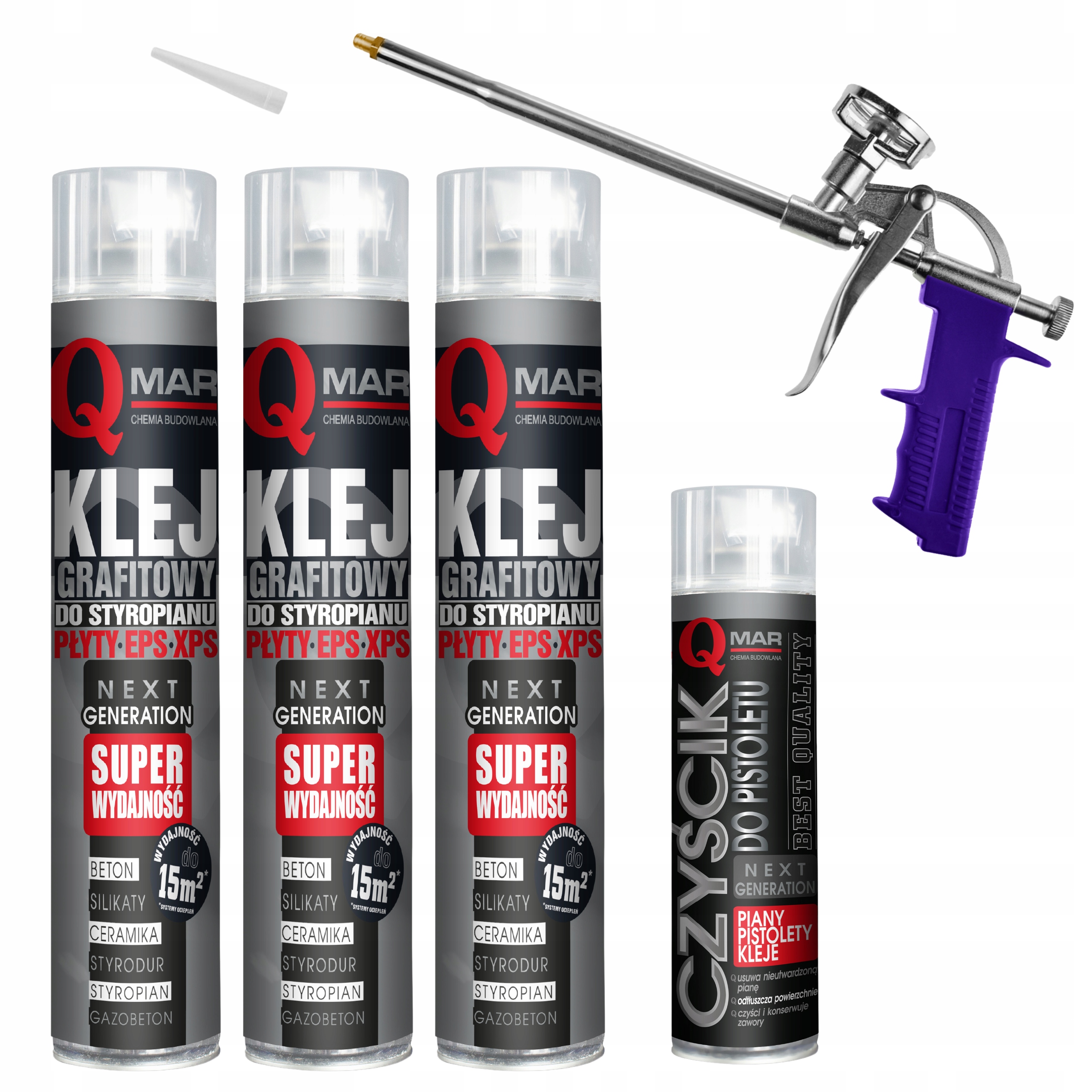 Pěnové lepidlo na polystyren Grafitové Xps Eps 3ks Čistič Pistole Qmar