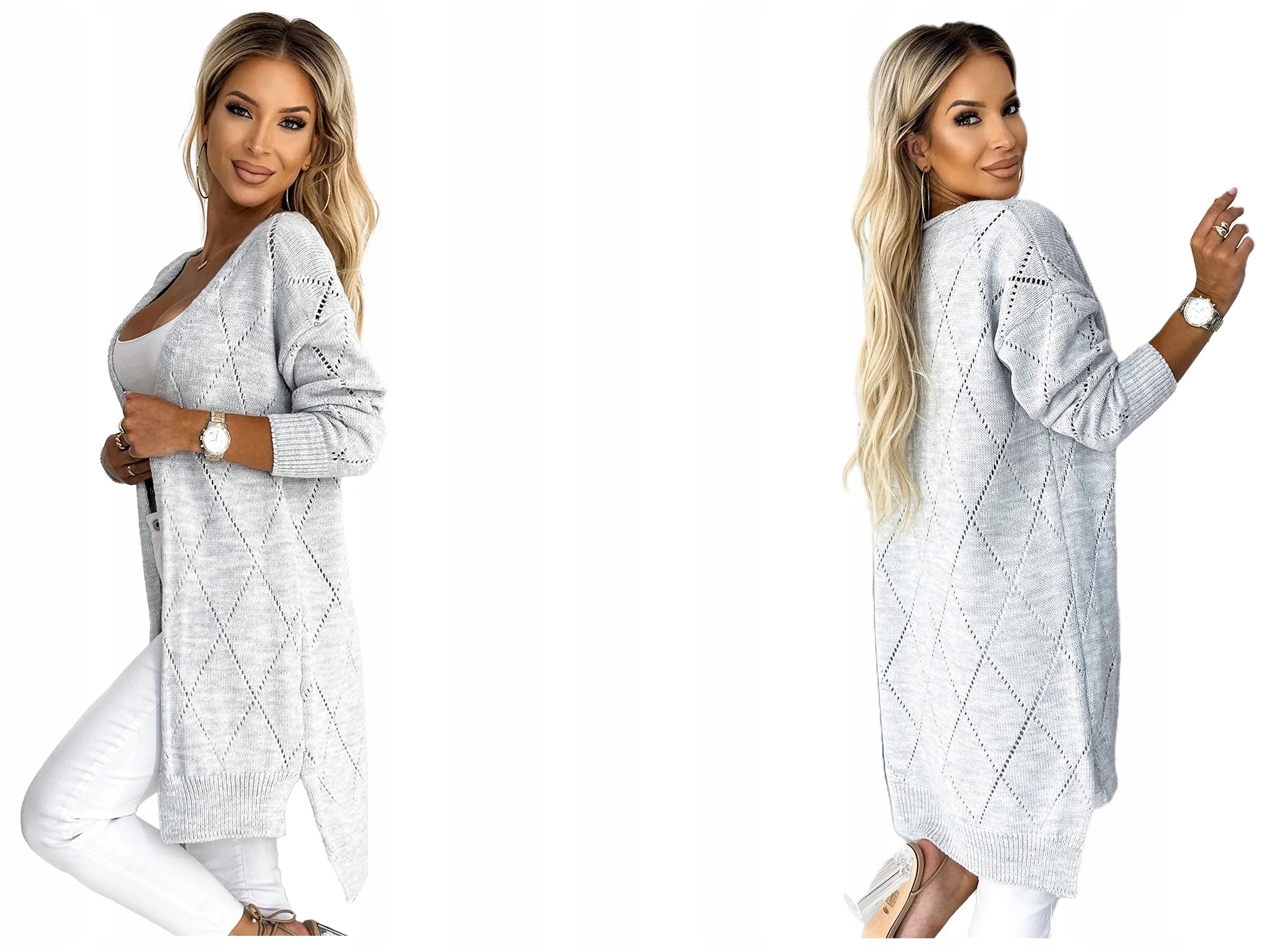 Elegantní Asymetrický Šedý Kardigan S Jemnými Ažurovými Rohy