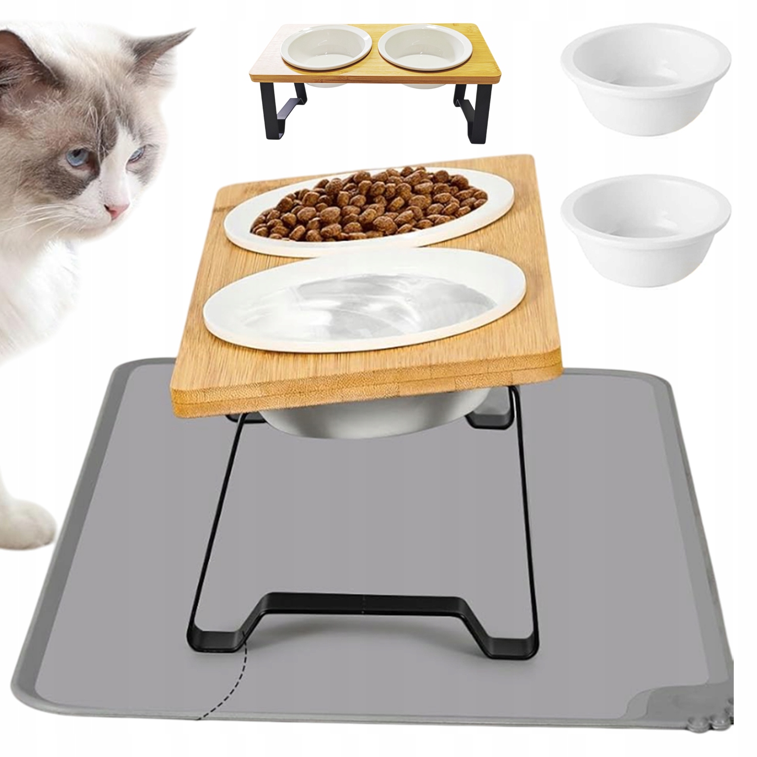 Levně Vyvýšená Miska Pro Kočky Se 2 Keramickými Miskami A Silikonovou Podložkou