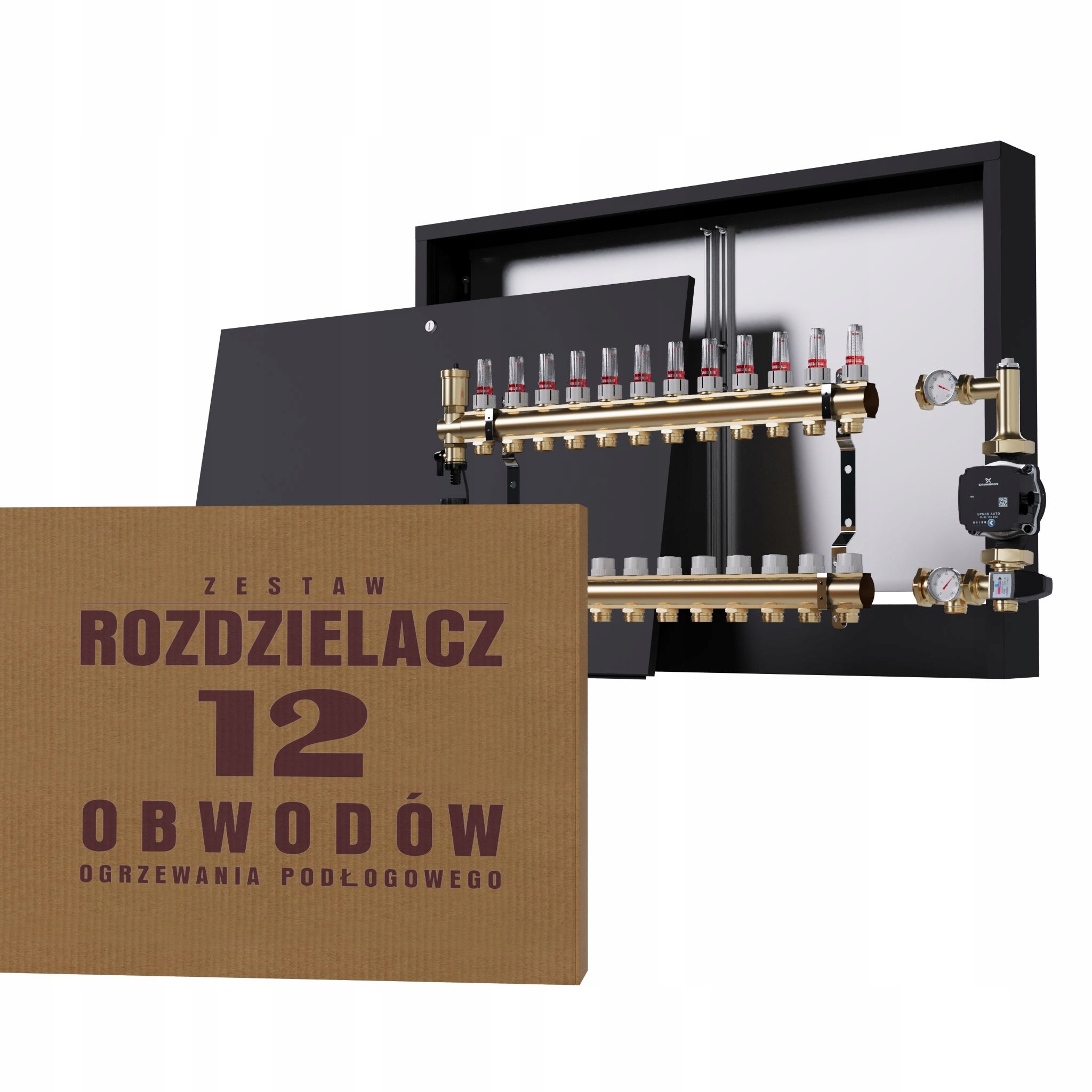 Rozdělovač na podlahu 12 okruhů a čerpadlo Grundfos nástěnný černý